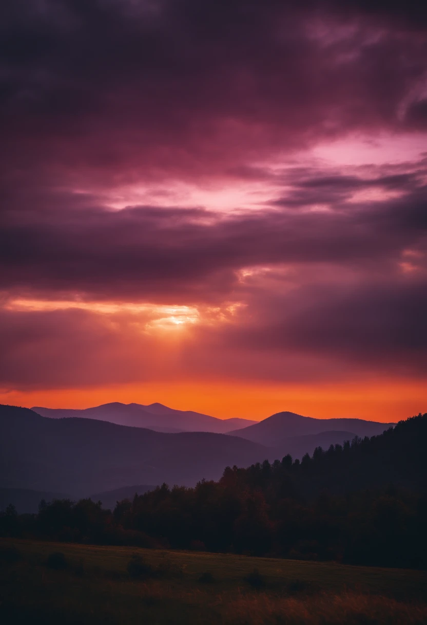 Beautiful scenery in the mountains., Orange and purple clouds at sunset, Mesmerizing and magical.