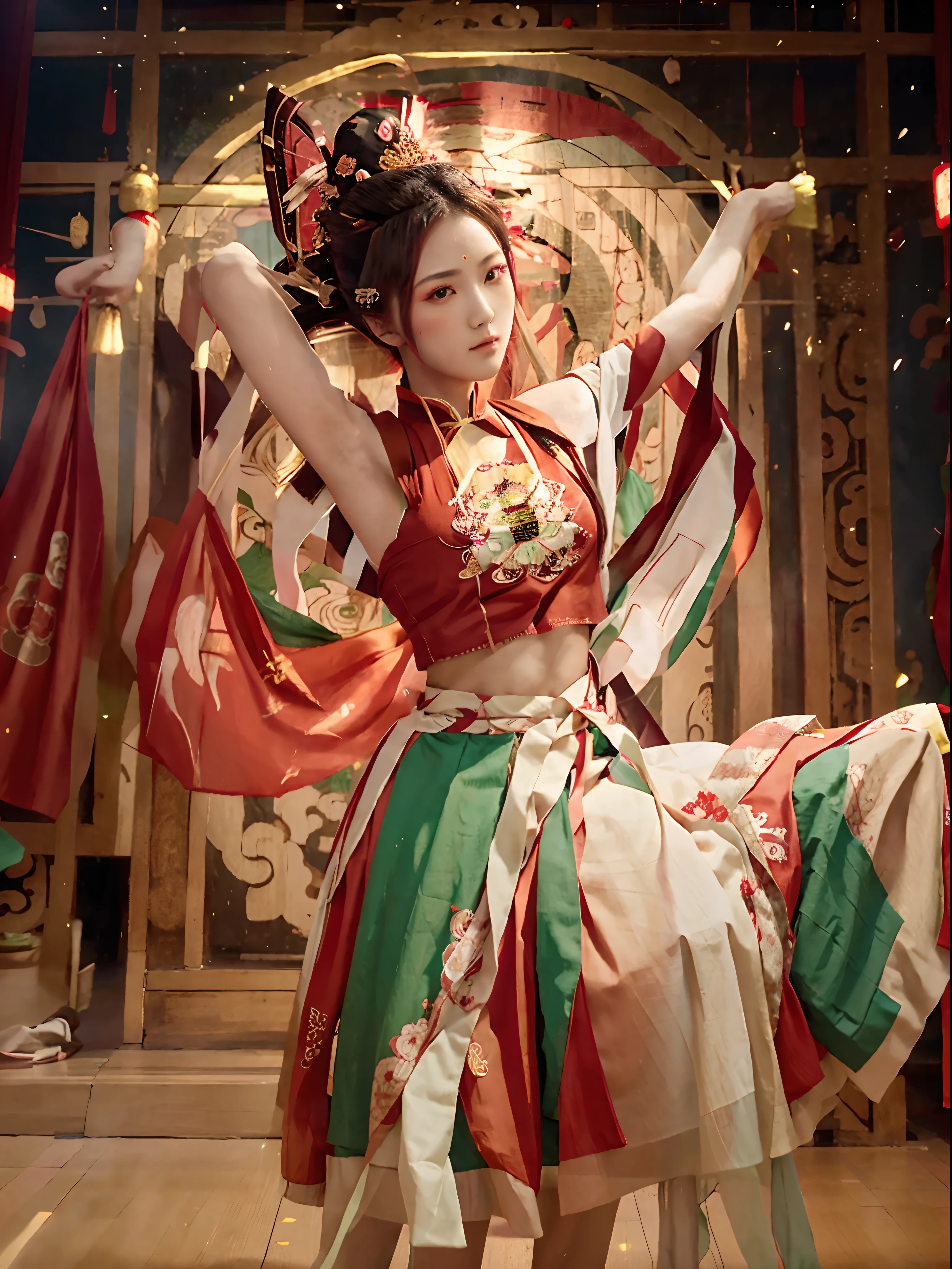 An anime beautiful girl dancing with beautiful on the stage, wearing semi traditional modern dress, red, green and white colors, stylish hair, chinese traditional dancing, in high quality, perfect anatomy, intricated detailed, ultra HD resolution, anime style