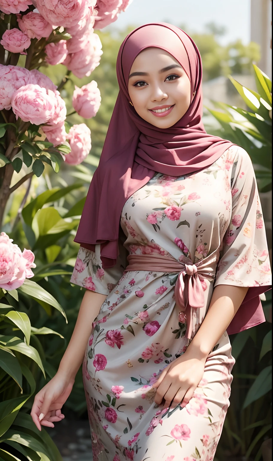 RAW, Best quality, high resolution, Masterpiece: 1.3), Beautiful Malay woman in hijab, Masterpiece, Perfect slim body, ((Big breasts)), Beautiful big eyes, water eyes, Soft smile, ((wearing tight red pastel floral malay gamis with closed hijab)), simple diamond necklace, ((closed clothes), ((polite clothes)), in the rain, walking, english park, (((muslim dress))), full_body_shot, dramatic, backlit, light rays, volumetric lighting, detailed face, highly detailed, painting, wet skin, wet clothes, wet body, wet hair, drenched, soaked, round face, looking at viewer, smile, glossy clothes, oily clothes, varied poses