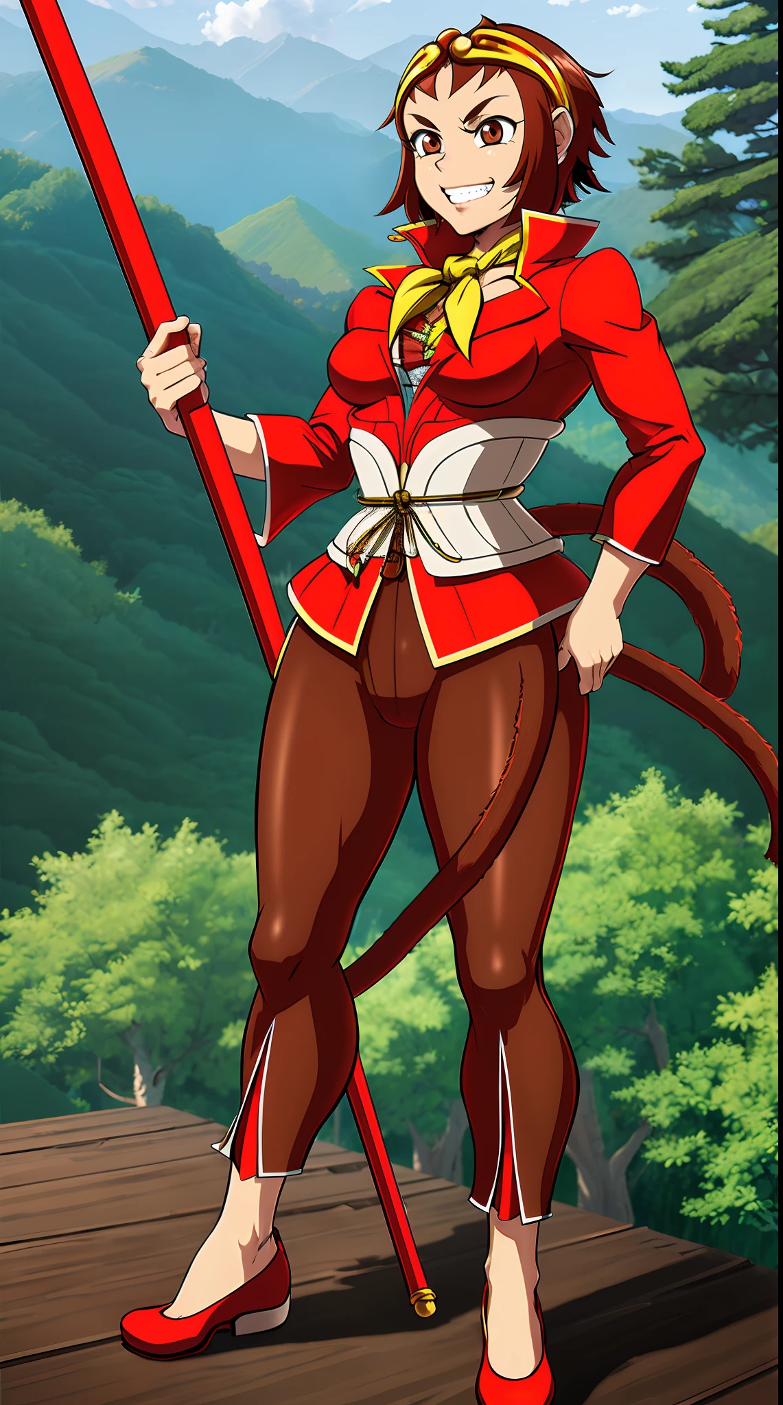 SonSon, monkey girl, (monkey tail), short hair, gold circlet, yellow ascot, brown pants, white socks, red chinese shoes, red tangzhuang, grin, brown eyes, outoors, chinese forest, red staff, medium breast, standing full body,curvy