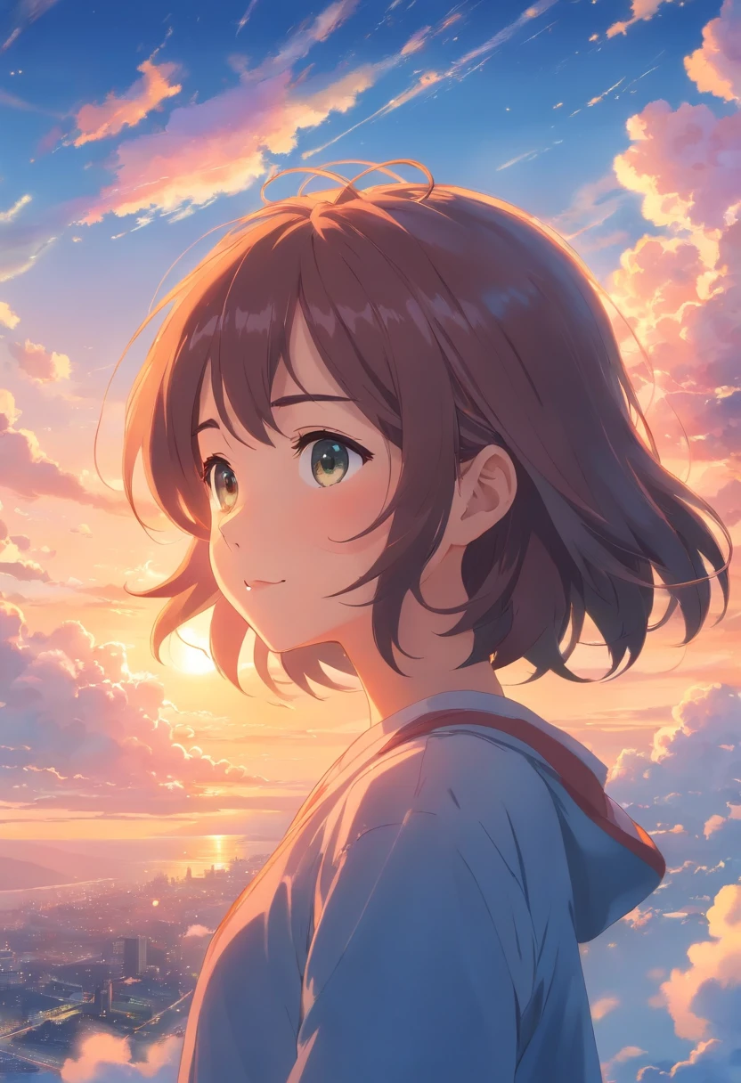 masterpiece, best quality, movie still, 1girl, cloud girl, floating in the sky, close-up, bright, happy, warm soft lighting, sunset, (sparks:0.7)