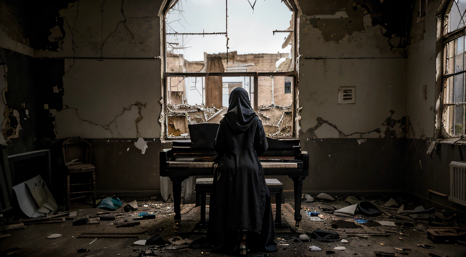 Craft an image of a dilapidated and abandoned asylum, with crumbling walls and shattered windows. Amidst the wreckage, a solitary figure with their face concealed in a tattered hood, creating an air of intrigue and ambiguity. An old piano stands in the corner, casting eerie moonlight on the scene.
