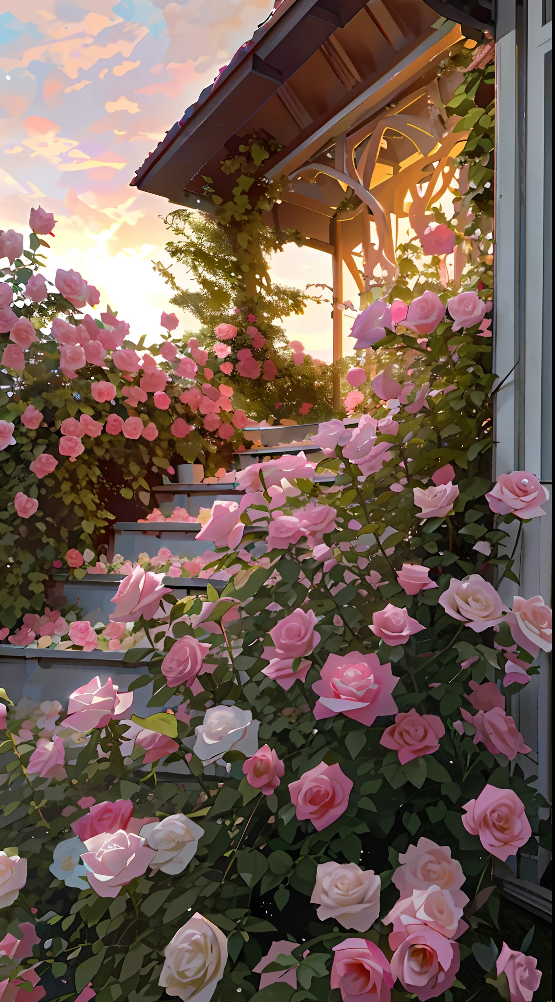 there is a bush of pink roses growing outside of a house, beautiful and aesthetic, with soft pink colors, beautiful aesthetic, roses in cinematic light, lush flowery outdoors, nature and floral aesthetics, rose garden, roses, portal made of roses, beautiful image, rosses, dreamy aesthetic, in a cottagecore flower garden, pink golden hour