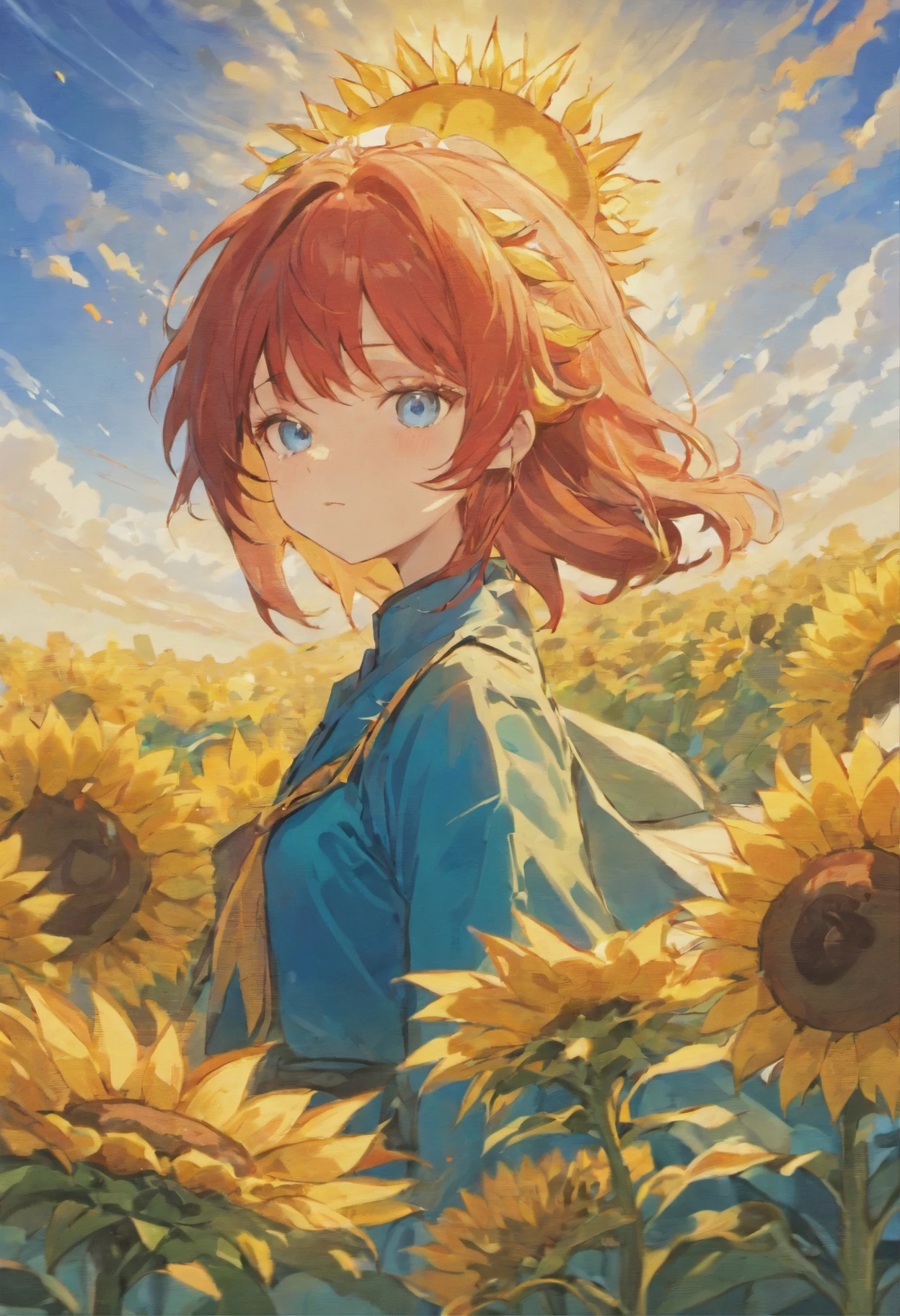 Blue dragon with cute red mane and sunflower field