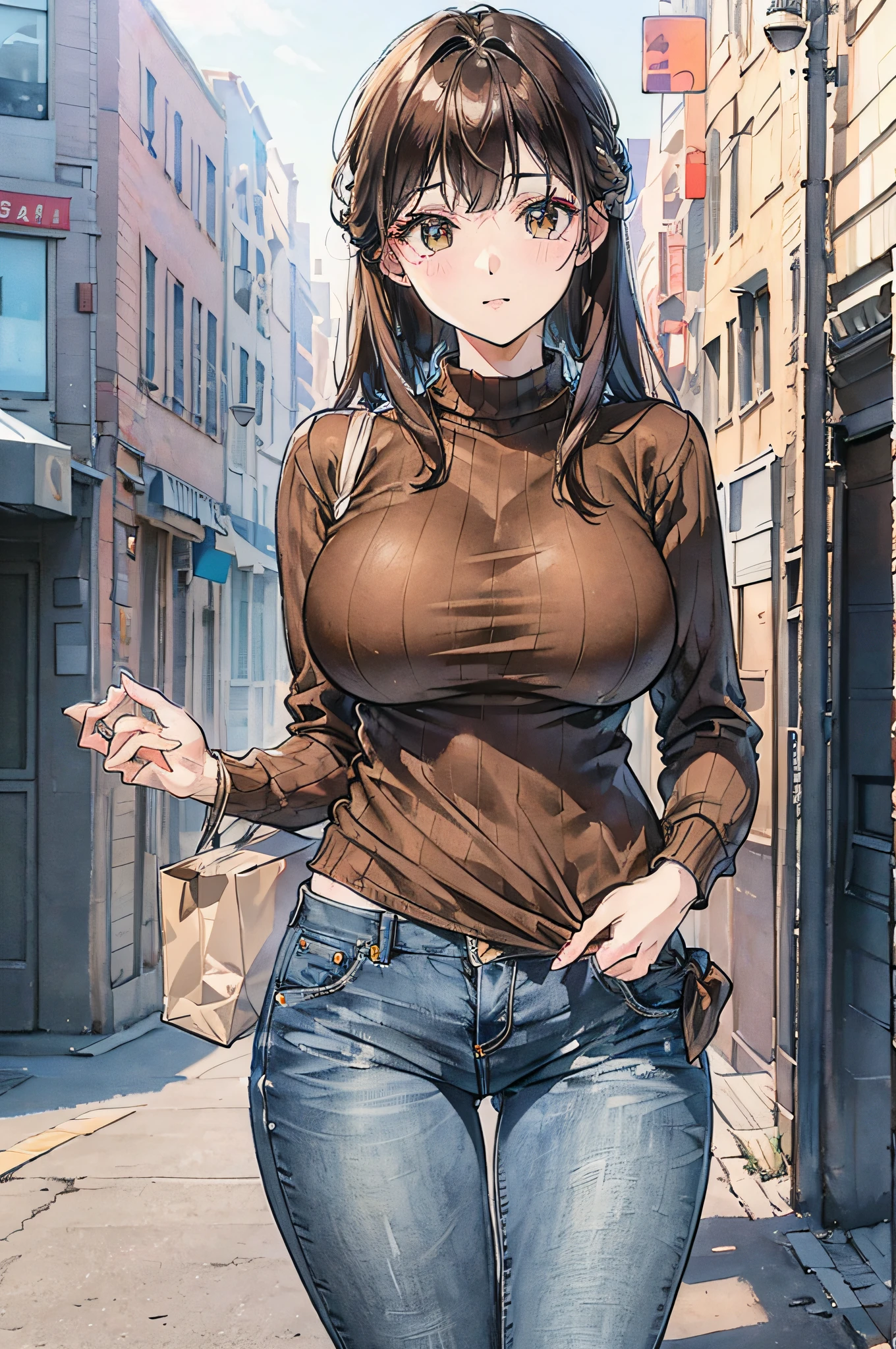 Upstyle tied at the back、Brown hair color、Sweaters、jeans、large full breasts、
