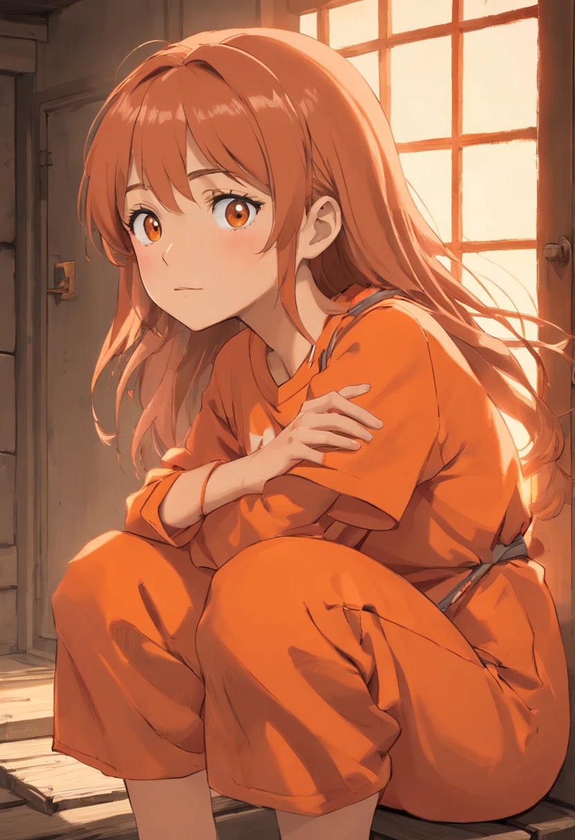 ((Realismo)), extremely high quality RAW photograph, Antecedentes detalhados, intrincado, messy hair, detalhes e texturas requintados, altamente detalhado, foto de (shakira) in a prison cell, (wearing orange prison clothes:1.3), Looking away from the camera, fotografia ultra detalhada, warm lighting, art-station, 4k, foco nítido, high resolution, pele detalhada, olhos detalhados, 8k UHD, DSLR, harsh low lighting, alta qualidade, filmic grain, Fujifilm XT3, triste:1.3