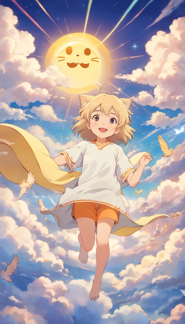heal,Reject EMO,Very happy,Very happy,Face life with a smile,rays of sunshine,long whitr hair,Cloud pajamas,Lovely cloud pillows,Kitten pillow