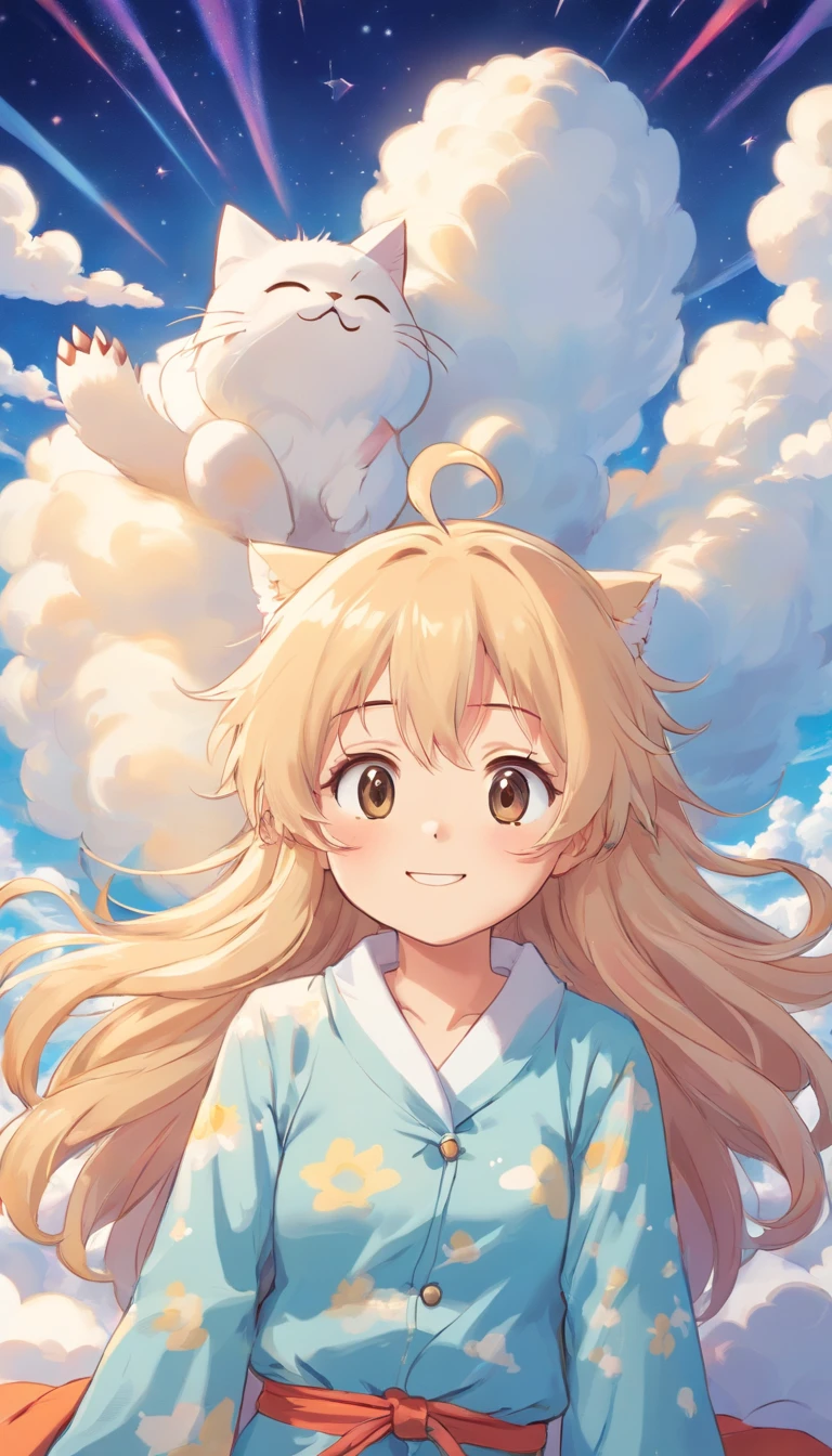 heal,Reject EMO,Very happy,Very happy,Face life with a smile,rays of sunshine,long whitr hair,Cloud pajamas,Lovely cloud pillows,Kitten pillow