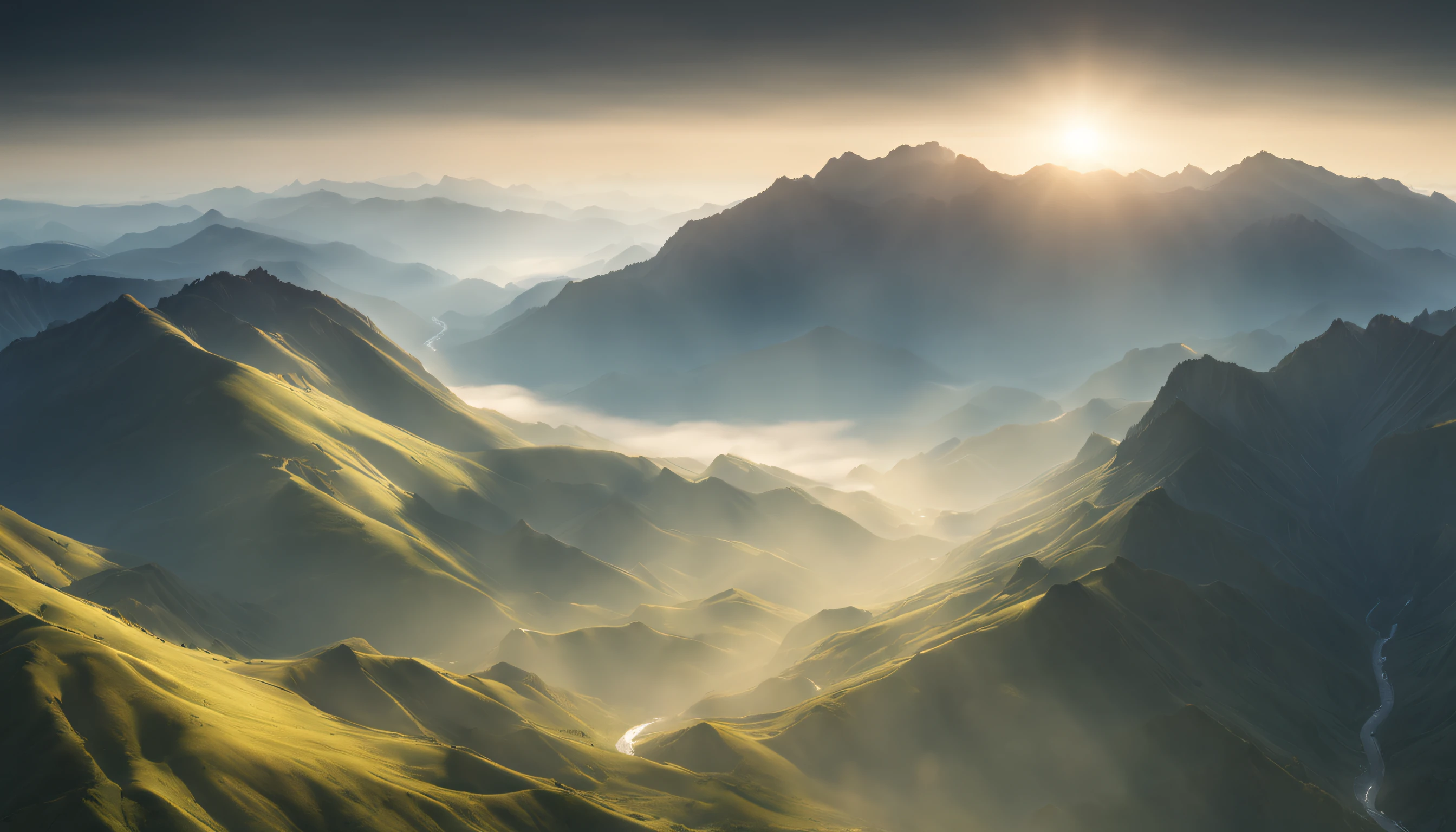 aerial view of spectacular mountainous terrain, soft morning light, peaceful, dynamic