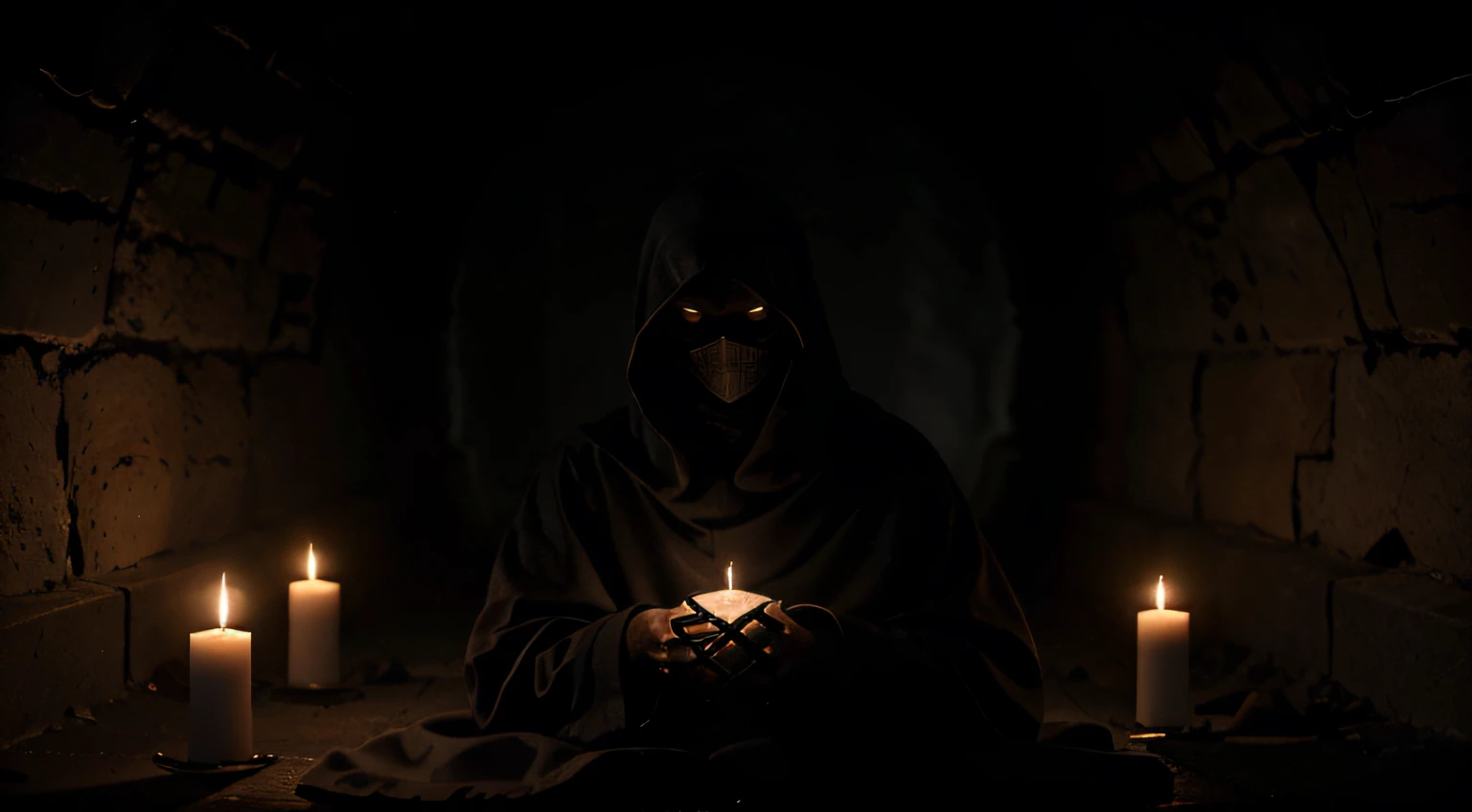 Design an enigmatic underground chamber filled with cryptic symbols and an ominous, flickering candle, illuminating a hooded figure in the shadows