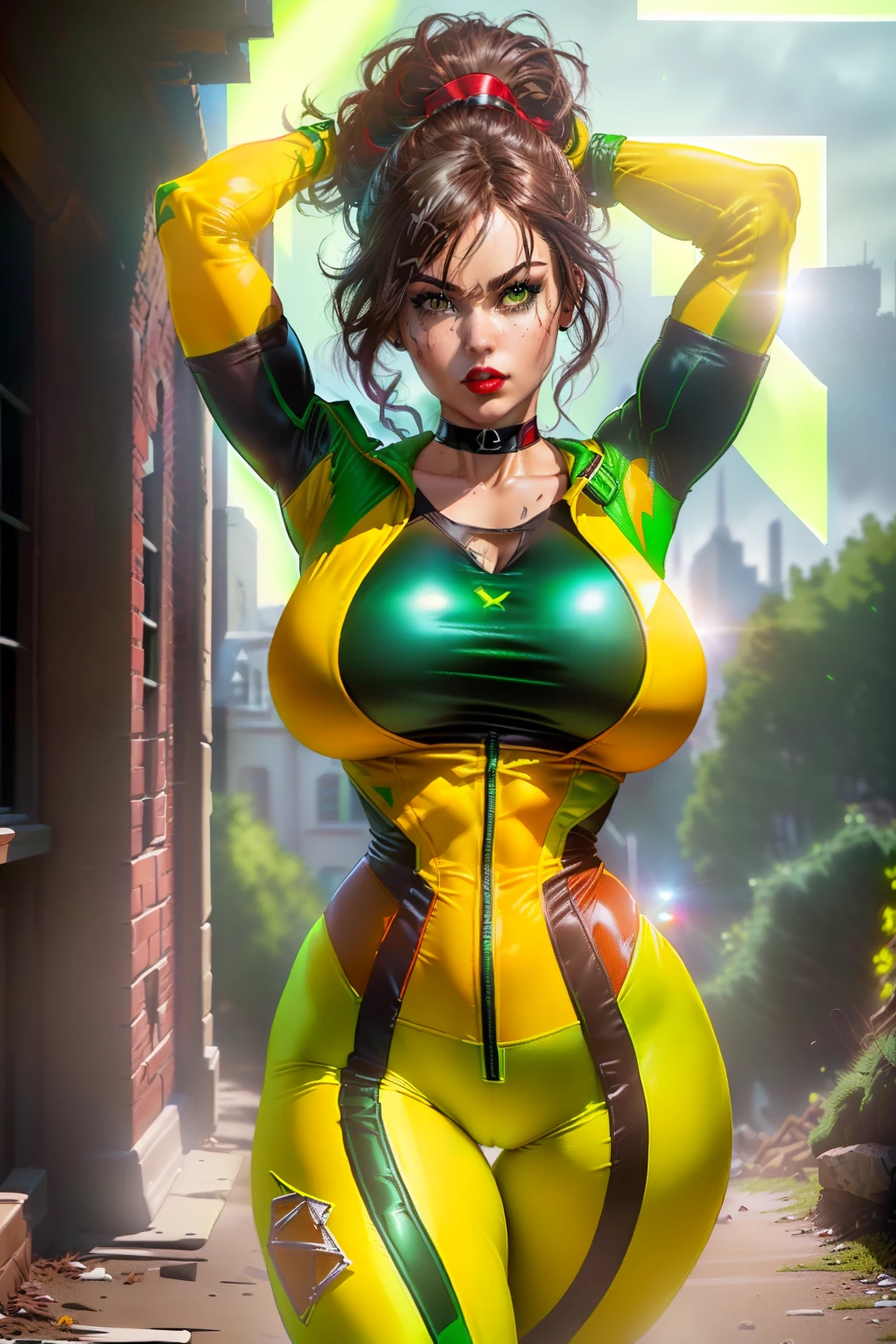 ((Rogue from marvel comic book series)) ((beautiful face)) (red lipstick) ((big bright eyes)) ((messy brown and white hairstyle)) ((very huge breasts)) (perfect slim body) ((wears green and yellow spandex body suit and pants, brown jacket)) ((choker, gloves)) ((posing sexy on mansion)) (high resolution dynamic lights and shadows) ((masterpiece)) (8k) (perfect face) (best quality) (perfect hands and eyes)