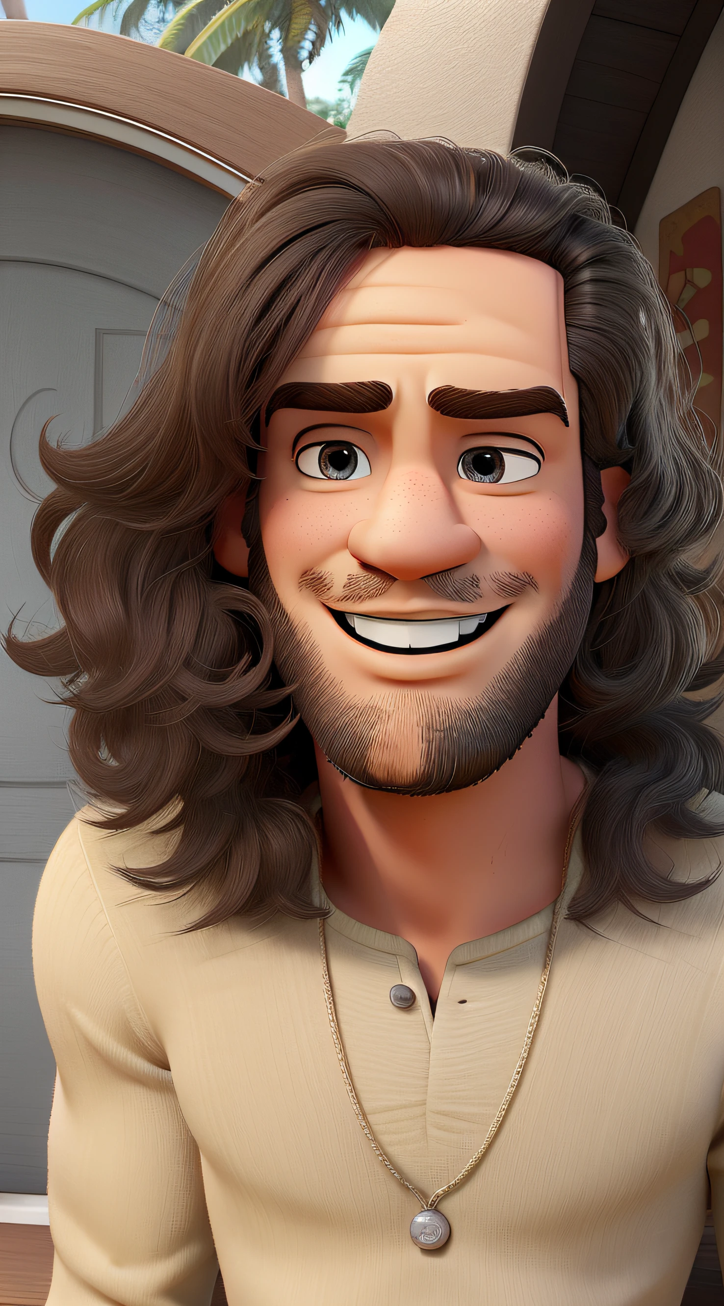 um homem branco, alto, magro de olhos castanhos e cabelos longos estilo disney pixar, artista, melhor qualidade alta qualidade