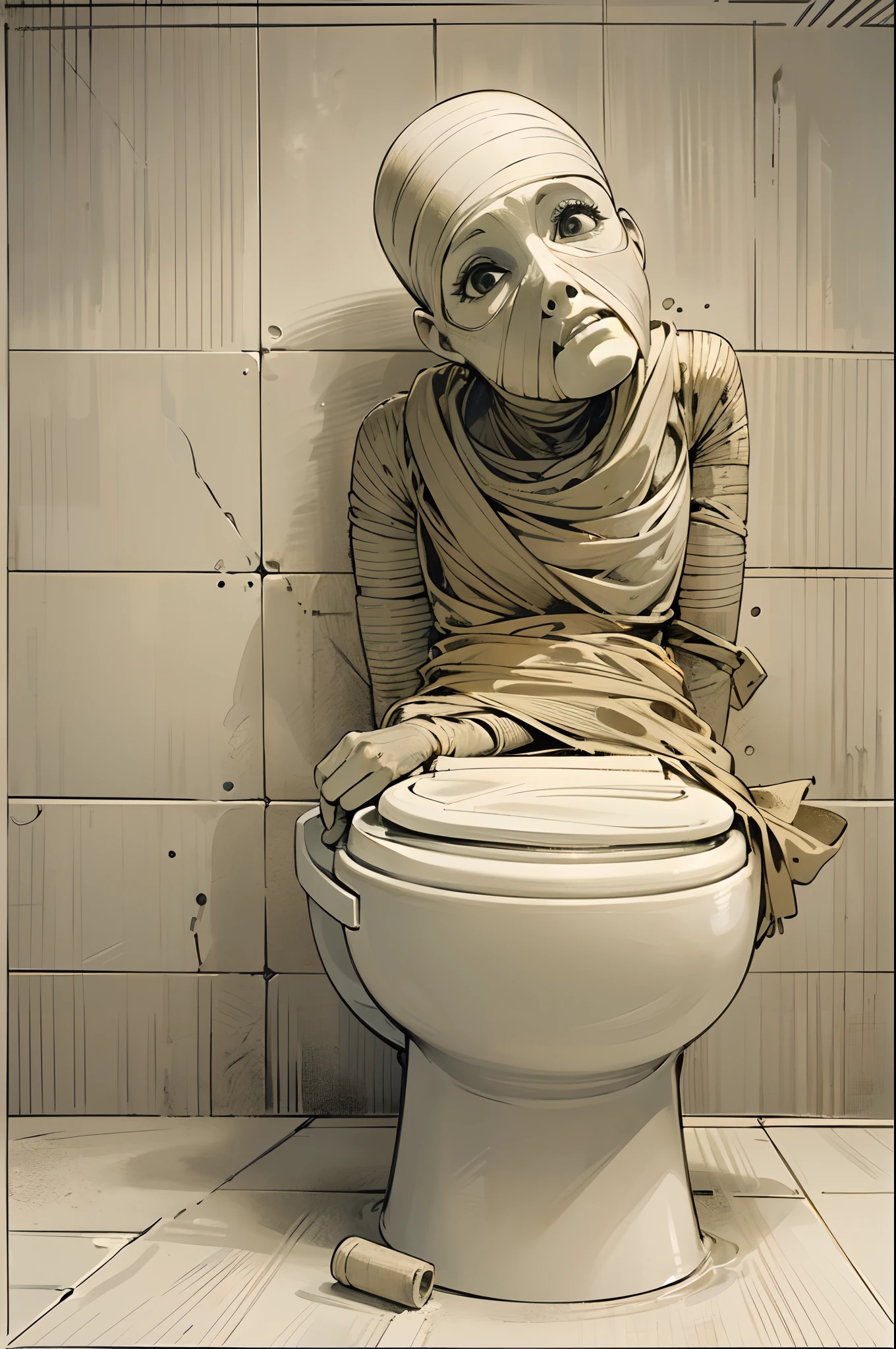 Inside the toilet, the mummy has toilet paper wrapped around her entire body. The toilet paper is wrapped around the body as the mummy's formal attire.(flat tinted artwork)(stylish design )(top quality)(simple)(super flat)(contemporary art)(flat and many margins)