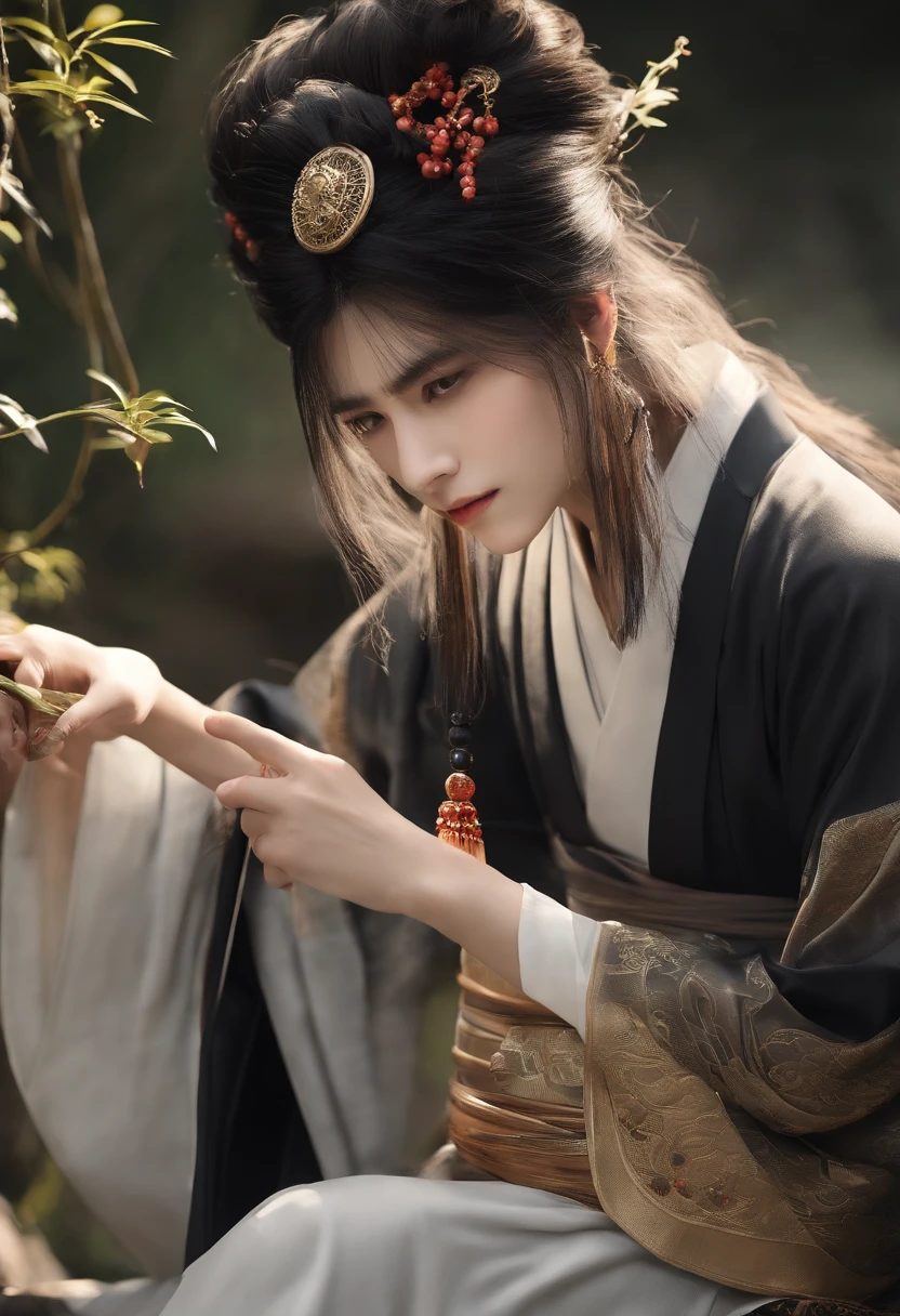 "Ancient Moon Fangyuan，Ancient Boys，Twenty-two years old，The body is slender，The face is angular，The contour is sharp，The eyes are deep and sharp，black in color，Shiny like silk，The bridge of the nose is upturned，The slender lip line rises slightly，Wearing a black kimono，Folding fan in hand，Next to it is a dense and jagged bamboo。"