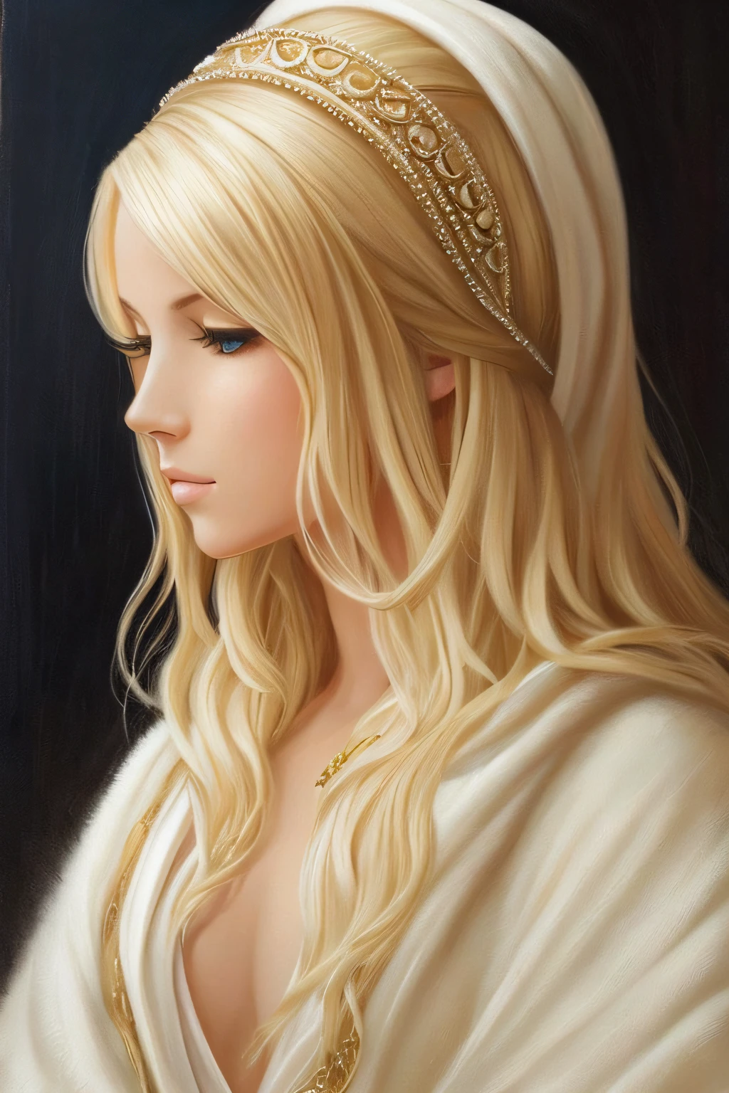 Blonde fluffy hair goddess in white robe Gold Accessories White oil painting style