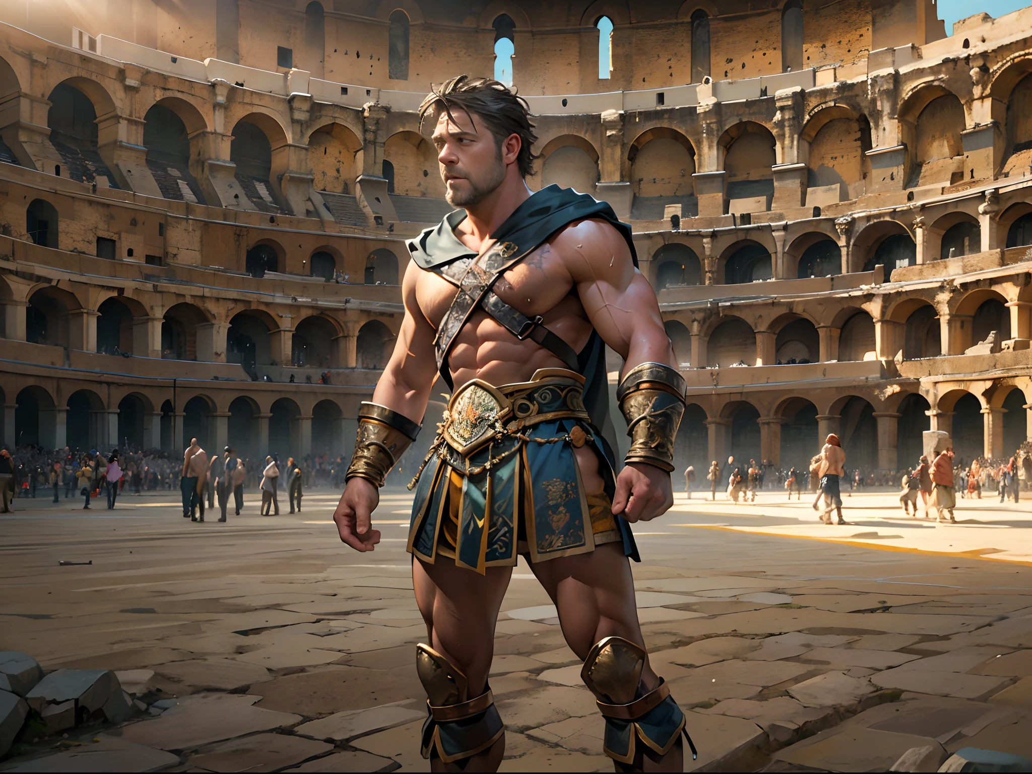 Victorious gladiators, Powerful gladiator, Russell Crowe(Russell Ella Crowe)Played by Maximus(gladiator),Short dark brown hair,Small waves,Upper torso exposed, Undress the legs from thigh to toe, Detailed muscle physique, Lifelike depiction, 4K 分辨率. Background: The Colosseum was packed with cheering crowds.,32k ULTRAHD, Best quality, Masterpiece, Super detail, High details,Correct anatomy,Ultra photo realsisim, fearsome, Dark fantasy, epic realistic, Faded, ((com cores neutras)), (hdr:1.5), (pastel colour:1.2), ultra - detailed, (Art Station:1.5), Cinematic, warm lights, Light effect, Dramaticlight, (Intricate details:1.1), the complex background, (greg rutkovsky:0.8),