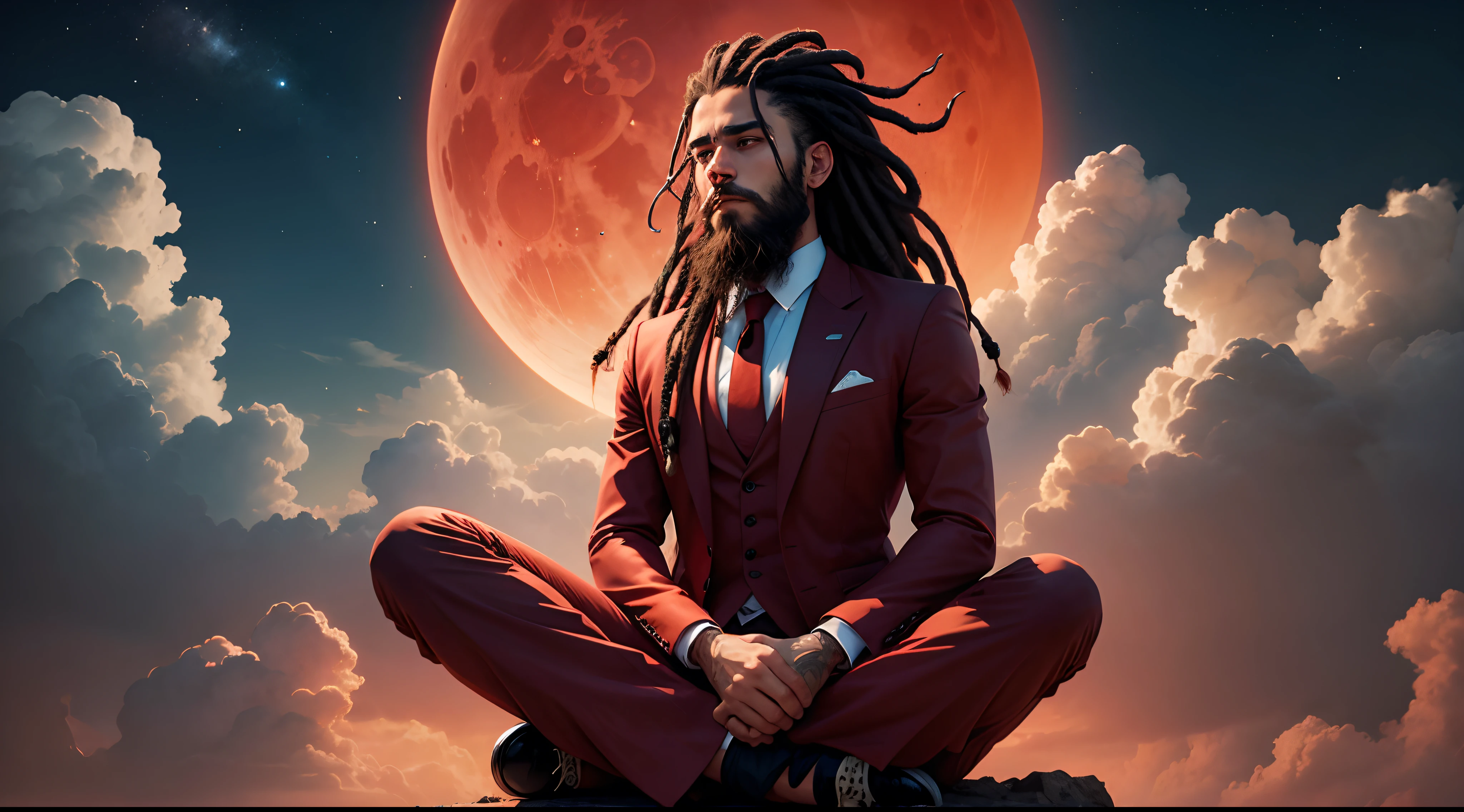 a man with long beard and dreadlock hair, wearing suit , meditating, in the sky , red moon , clouds