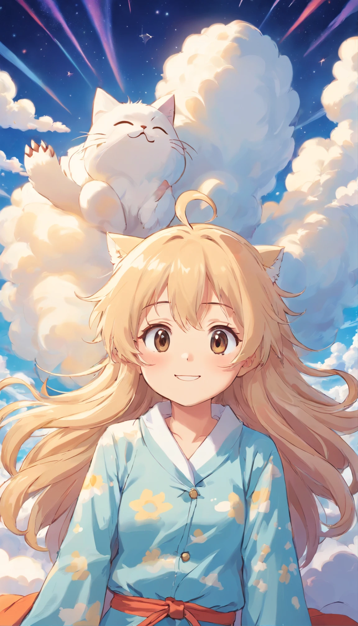 heal,Reject EMO,Very happy,Very happy,Face life with a smile,rays of sunshine,long whitr hair,Cloud pajamas,Lovely cloud pillows,Kitten pillow