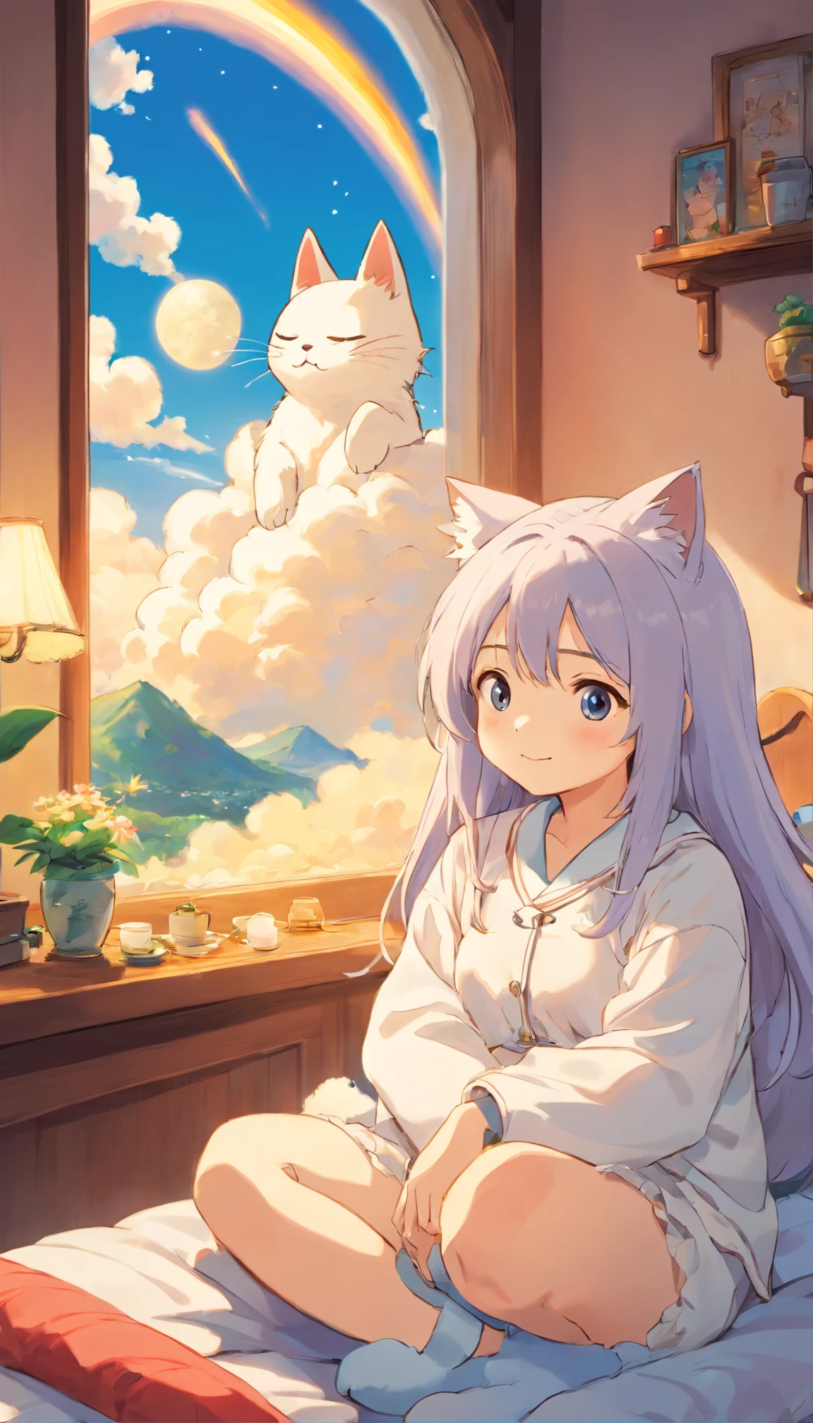 heal,Reject EMO,Very happy,Very happy,Face life with a smile,rays of sunshine,long whitr hair,Cloud pajamas,Lovely cloud pillows,Kitten pillow
