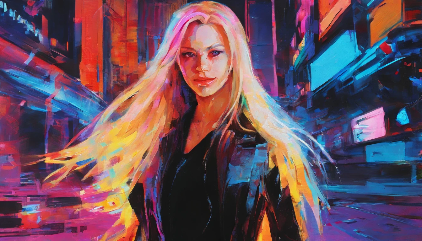 portrait of a woman, Very beautiful woman, Long Blond Hair, Smiling eyes staring at the camera, Smiling mouth, Expose the blue P dress, acrylic painting, Bold and expressive brushwork, Impressionistic style, Spectacular surreal background, Very heavy brush strokes with thick textured paint, Expert lighting and shadows, High contrast, Fine Art Painting, Wadim Kashin.