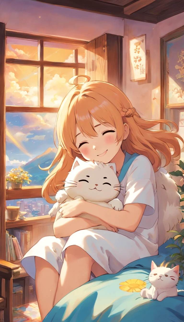 heal,Reject EMO,Very happy,Very happy,Face life with a smile,rays of sunshine,long whitr hair,Cloud pajamas,Lovely cloud pillows,Kitten pillow
