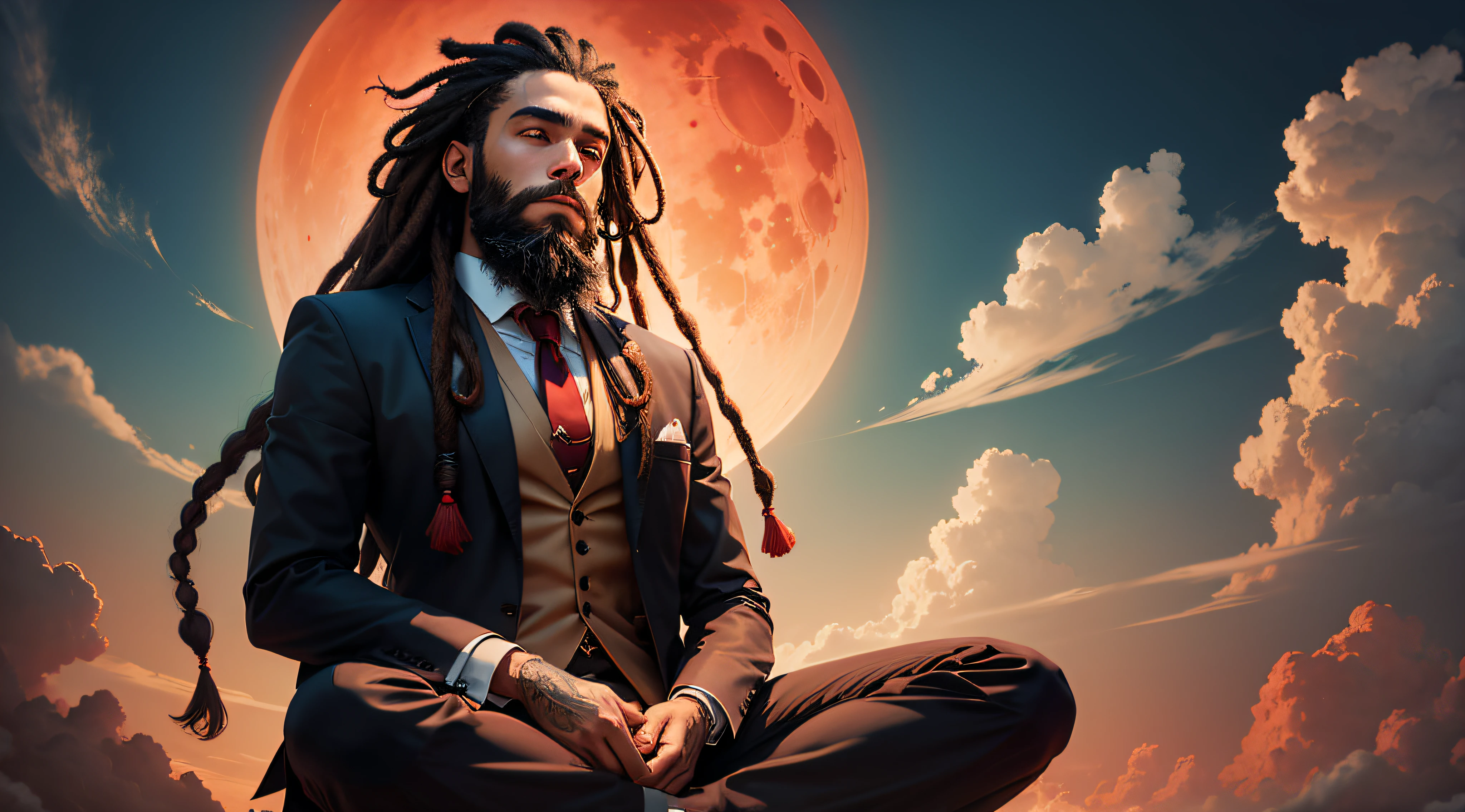 a man with long beard and dreadlock hair, wearing suit , meditating, in the sky , red moon , clouds