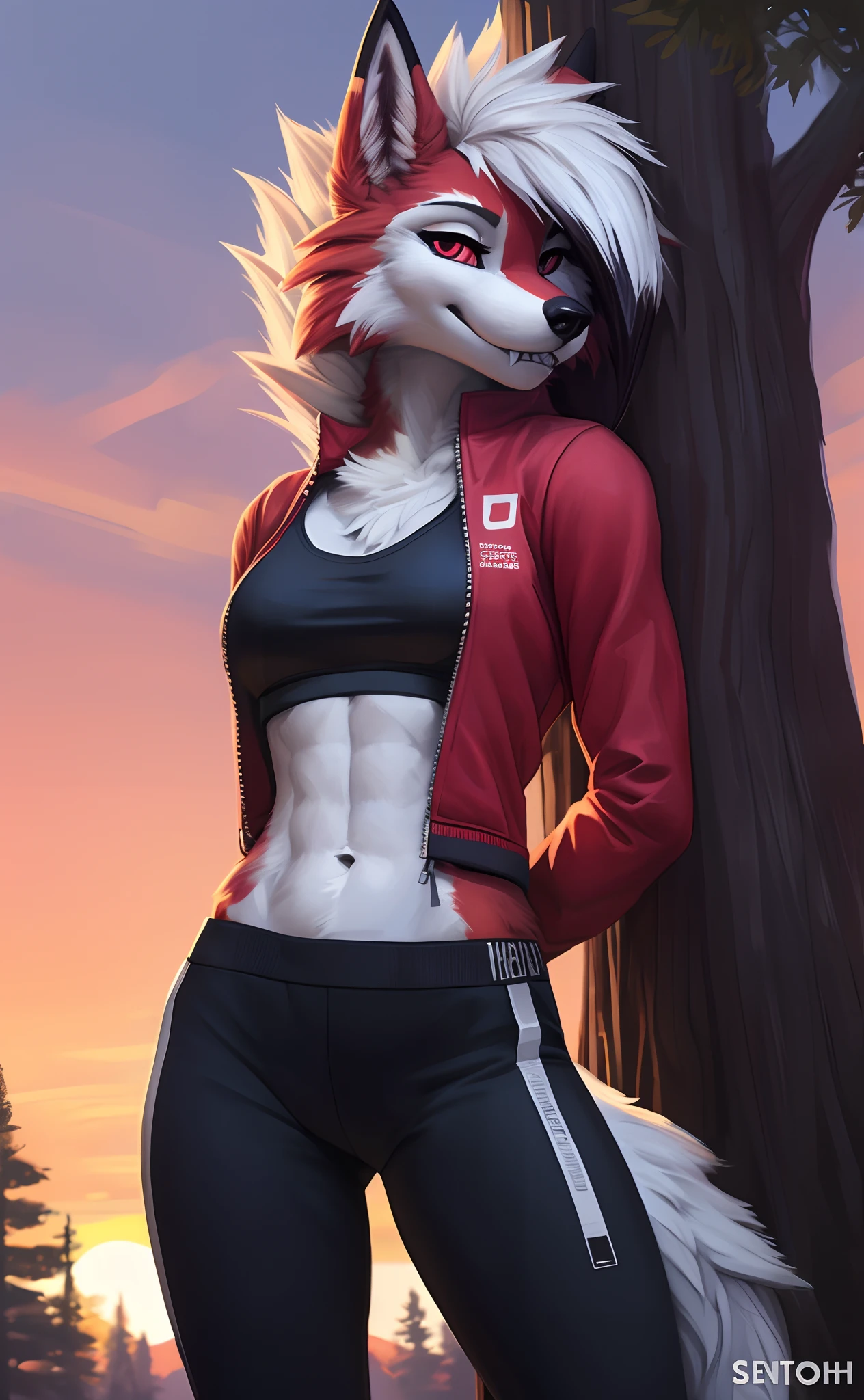 [pokemon; lycanroc midnight], [Uploaded to e621.net; (Foxovh), (Pixelsketcher), (mayosplash)], [Uploaded to twitter.com; (@senip)], ((masterpiece)), ((HD)), ((solo portrait)), ((furry; anthro)), ((detailed fur)), ((detailed soft shading)), ((beautiful render art)), ((intricate details)), {(anthro wolf, (slim figure), (athletic body), (lycanroc midnight), red fur, white belly, long white spiky hair, cute red eyes, (half closed eyes), (beautiful legs), (beautiful paw feet), (defined muscles), (smug smirk), (sharp teeth)}, {black track sports bra, black yoga pants, (black zip-up jacket)}, (standing), (learning on tree), (arms behind back), (looking at viewer)}, [background; (park), (sunset), (orange and pink sky)]