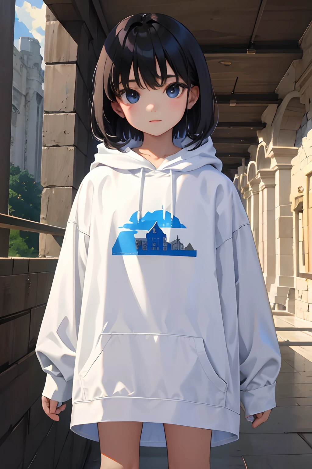 child,(masterpiece,Highest Quality),White hoodie with short sleeves,A dark-haired,Castles