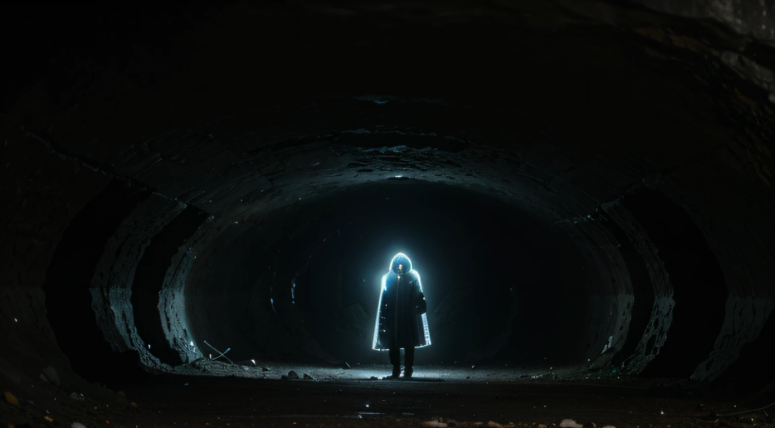Craft a mysterious, subterranean cavern with ominous, glowing crystals and a hooded explorer, illuminated by their eerie radiance