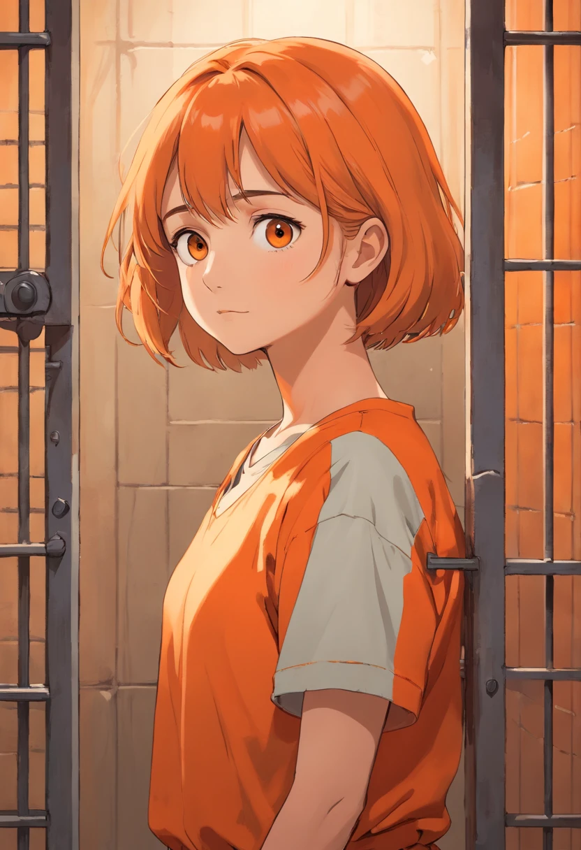 ((Realismo)), extremely high quality RAW photograph, Antecedentes detalhados, intrincado, cabelos loiros ondulados, olhos verdes, a patroa da cadeia detalhes e texturas requintados, altamente detalhado, foto de (Allison Mack) in a prison cell, (wearing orange prison clothes:1.3), Looking away from the camera, fotografia ultra detalhada, warm lighting, art-station, 4k, foco nítido, high resolution, pele detalhada, olhos detalhados, 8k UHD, DSLR, harsh low lighting, alta qualidade, filmic grain, Fujifilm XT3, triste:1.3