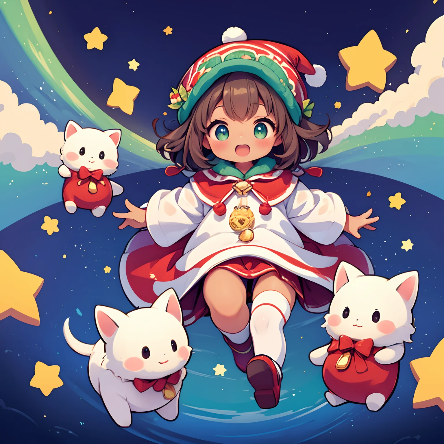 north pole、Aurora、Kawaii Girl、happily face、Brown skin、​masterpiece、top-quality、Top image quality
