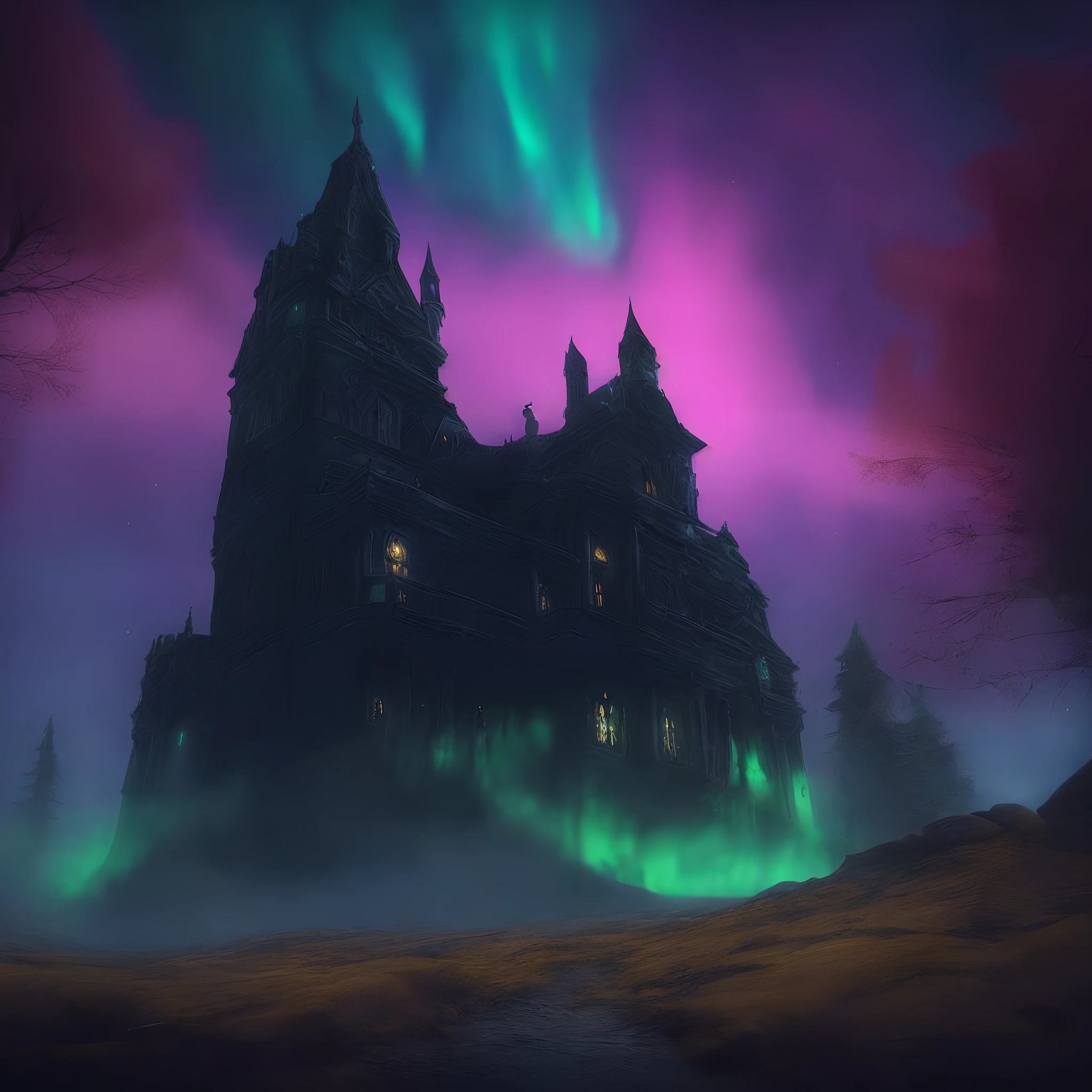 arafed image of a creepy house with aurora lights in the sky, scarry castle)). mystical, scarry castle). mystical, dark pastel castle background, spooky mansion, inspired by Andreas Rocha, fantasy atmospheric lighting, gothic mansion, dark atmosphere illustration, world of warcraft art style, scary magical background, fantasy hearthstone art style, atmospheric fantasy setting