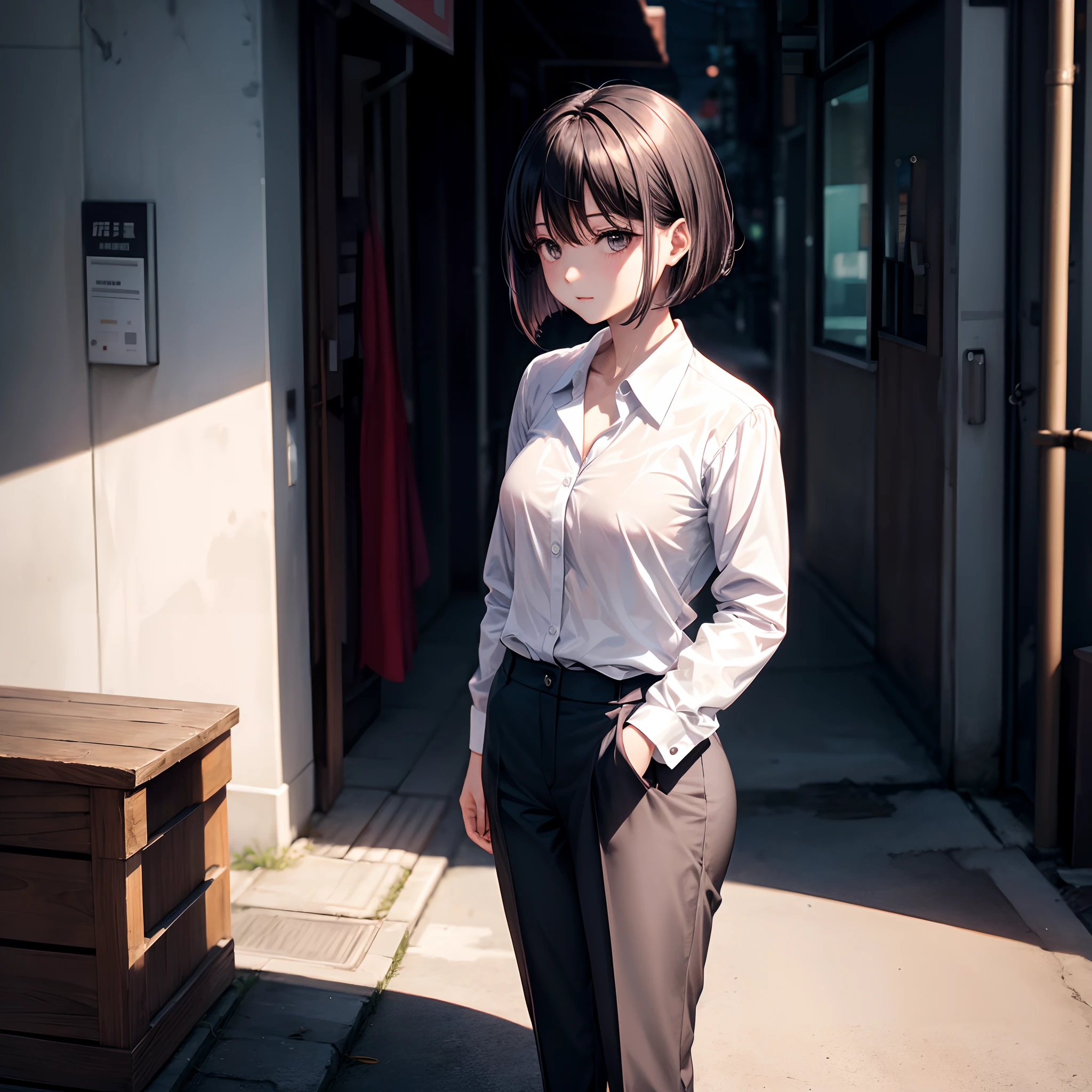 realisitic、top-quality、Standing on a street corner、((One Woman:1.5))、Black hair、Medium bob、Gray eyes、Outside the room、black suits、white shirt、Medium chest