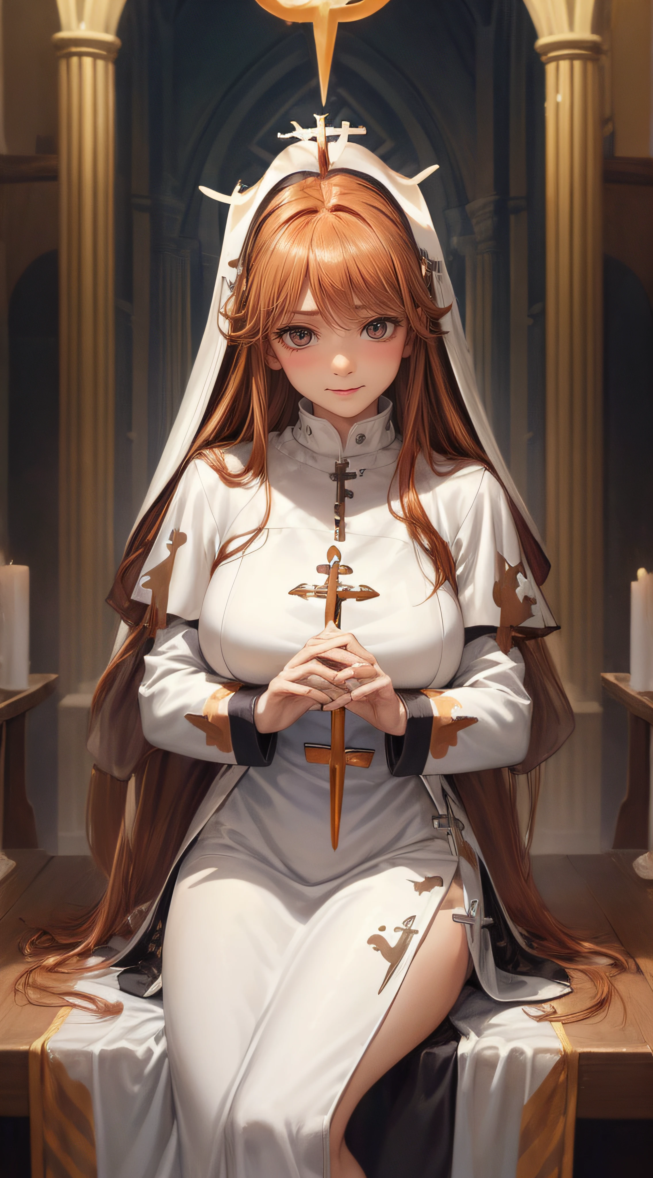 ((looking at viewer:1.5)),((1girl:1.5),curvy,petite,beautiful breasts,large breasts,pale skin,(erect nipples)),((long hair),(thin hair:1.8),(straight hair:1.5),(Swept bangs:1.5),(extra light coppery amber hair:1.5),(hair over one eye:1.2)),((realistic),8k,ultra HD,high resolution,best quality,masterpiece,(Sense of presence:1.5),(Dynamic:1.5),(bold:1.5)),((clothed:1.5),(priest:1.5))