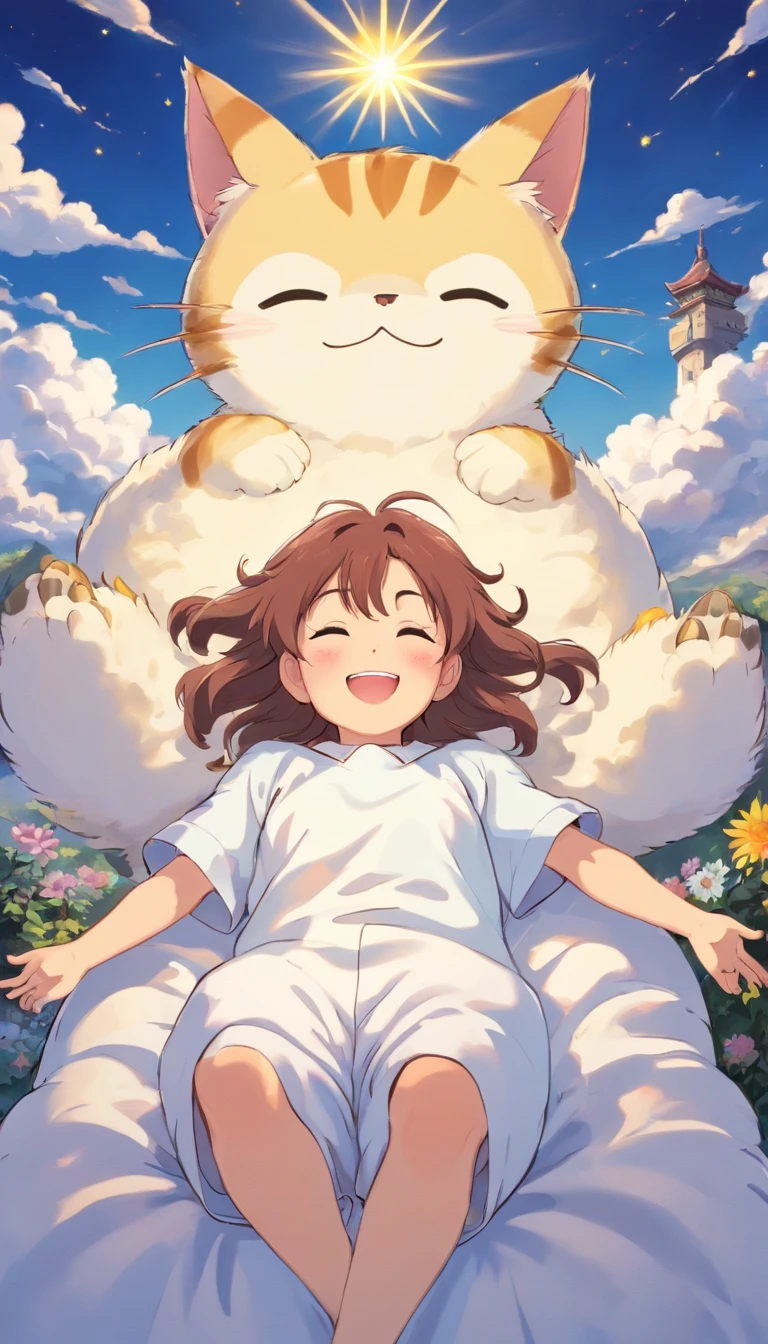 heal，Reject EMO，Very happy，Very happy，Face life with a smile，rays of sunshine，long whitr hair，Cloud pajamas，Lovely cloud pillows，Kitten pillow