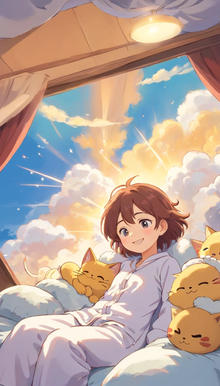 heal，Reject EMO，Very happy，Very happy，Face life with a smile，rays of sunshine，long whitr hair，Cloud pajamas，Lovely cloud pillows，Kitten pillow