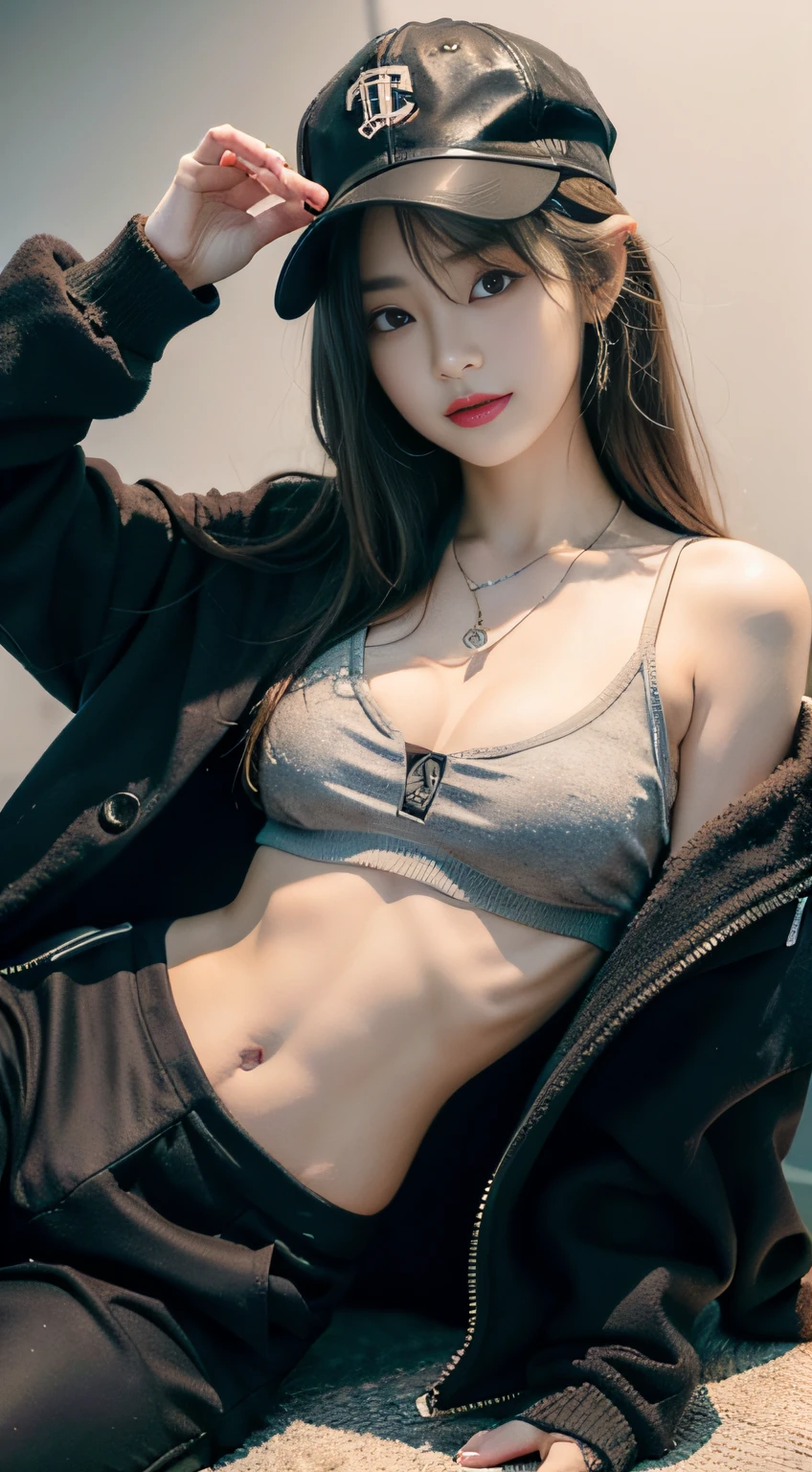 (32K,high-detail,high detal,hight resolution,highdensity,独奏:1.3),(Realistic people,Live action,A detailed eye,High resolution eyes,Fine eyes,Eyes that look like they are alive,beautiful dark blue eyes,Fishing eyes,Detailed lips,Crystal clear white skin,detailed realistic faces:1.3),(Japanese ido,Korean Idols,model in Japan,Korean models,Korean K-Pop Female Idols:1.2),(with a flushed face,natural make up,a necklace,piercings,Navel piercing:1.4)(Cargo pants,Colorful tops with oversized silhouettes,Coat with a large silhouette,Leather boots,Hats,Mode-based beautiful eye casual:1.6),(well-shaped breasts:1.5),(Sexy and very beautiful koreans16 years old little girl,Cool eyes,little smiling,facing back,turned around,Looking at the camera,Fashion Leader,fashion modell,Soft skin,Unforgettable eyes,Her eyes are too beautiful,I want to go to Paris Collection.....,Cutting-edge fashion:1.6),(showing your whole body,Show full-body fashion,Fashion that stands out:1.7)