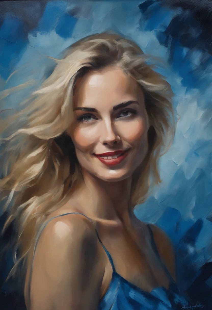 portrait of a woman, Very beautiful woman, Long Blond Hair, Smiling eyes staring at the camera, Smiling mouth, Expose the blue P dress, acrylic painting, Bold and expressive brushwork, Impressionistic style, Spectacular surreal background, Very heavy brush strokes with thick textured paint, Expert lighting and shadows, High contrast, Fine Art Painting, Wadim Kashin.
