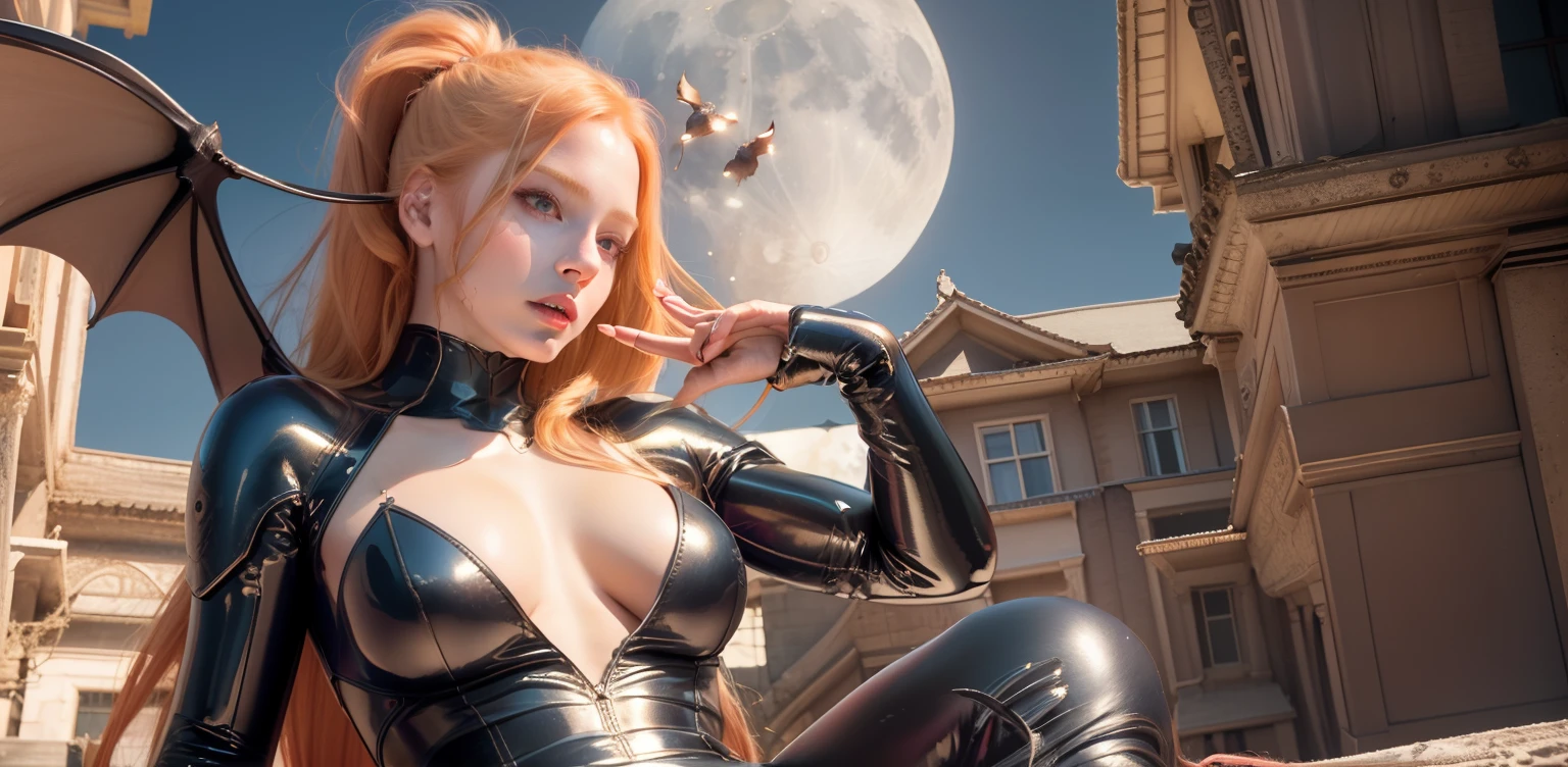 best quality, masterpiece,  (realistic:1.2), 1girl, strawberry blonde hair, red eyes, Front, detailed face, beautiful eyes, bat wings, sitting one floor, bats, blue bodysuit, ponytail, vampire, cloud, moon, solo, high quality face, tech bodysuit, night, dusk, full moon, swarm of bats