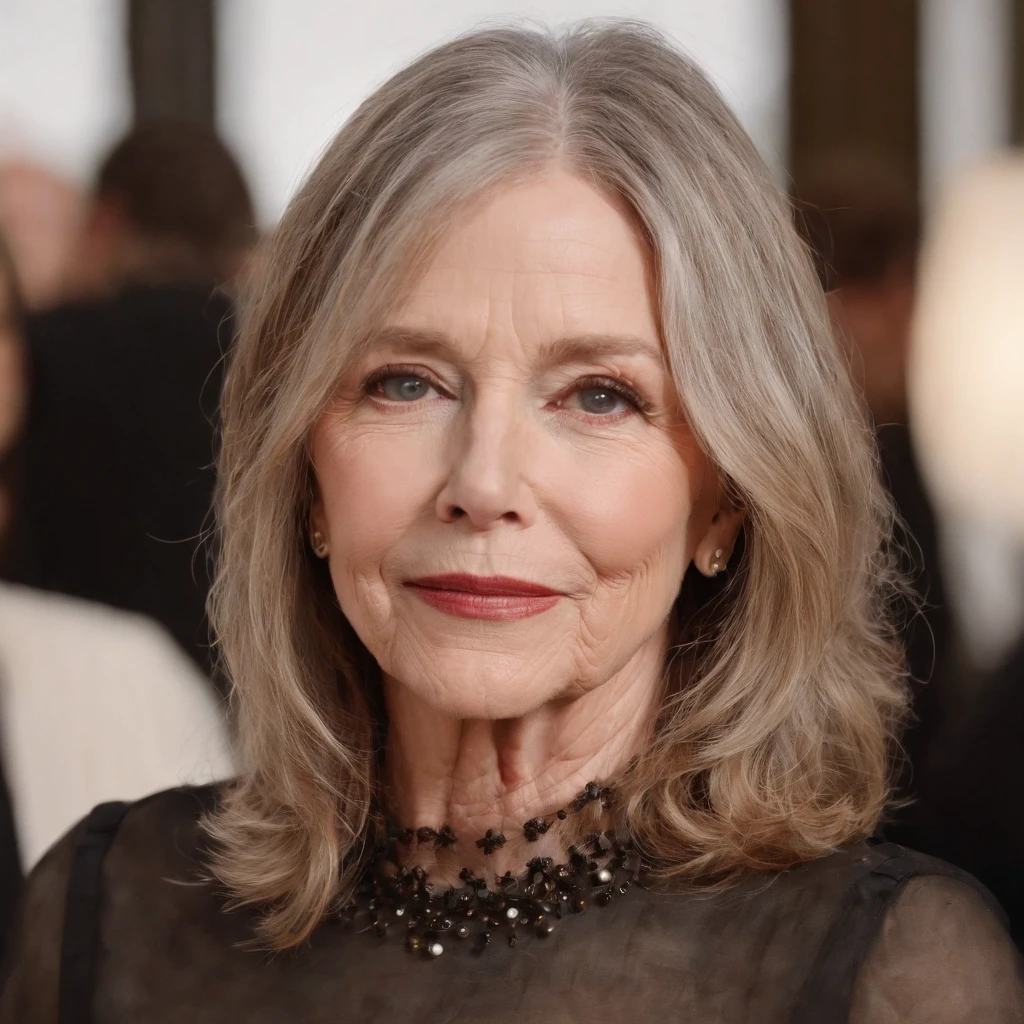 70 yrs old Diane Keaton, closeup cleavage，photography of，k hd，Cute girl，looks into camera，is shy，Dark background，soft warm light，deep shading，Expensive cameras，Portrait film，winning artwork，tmasterpiece