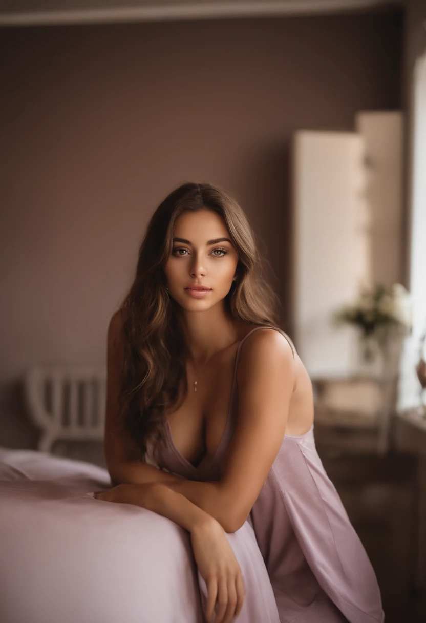 arafed woman with matching tank top and panties, sexy girl with brown eyes, portrait sophie mudd, brown hair and large eyes, selfie of a young woman, bedroom eyes, violet myers, without makeup, natural makeup, looking directly at the camera, face with artgram, subtle makeup, stunning full body shot, cleavage, sitting at the dinner table