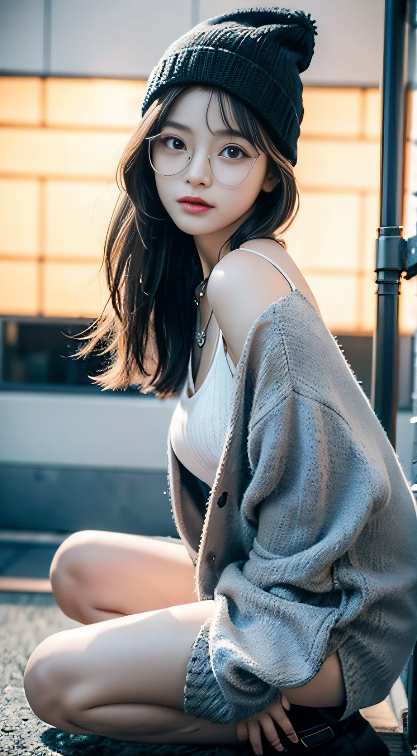 （３２k,high detail,high detail,high resolution,high density,solo,exist：1.3）,（realistic person,Live recording,delicate eyes,high resolution的眼睛,narrow eyes,The eyes look alive.,beautiful dark blue eyes,fishing eye,delicate lips,Crystal clear and fair skin,Detailed and realistic faces：1.3）,（Japan Ita,korean Idols,Japanese model,korean models,korean k-Pop Female Idols：1.2）,（blushing,natural makeup,A necklace,perforation：1.4）（Cut-out skirt,Oversized colorful top,Large leather jacket,leather boots,hat,Mode-based beauty and leisure：1.6）,（Breasts in good shape：1.5）,（Young but very beautiful and sexy korean１6 years old ,cold stare,small smile,facing rear,turn around,looking at camera,fashion leader,fashion model,soft skin,unforgettable eyes,Her eyes are so beautiful,I want to go to Paris to collect.....................,Cutting-edge fashion：1.6）,（show your whole body,Show full body fashion,Stylish blue glasses,bare chest，The thighs are clearly visible,,Lace red and red,fall,lying down,,precious ,我precious,Show armpits：1.7）