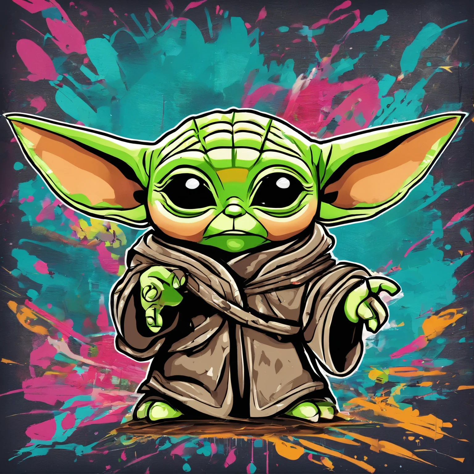 Baby Yoda Ink drawing, Star Wars, digital illustration, Comic strip style, Watercolor, artstation style, Conceptual art, 2D illustration, by Peter Draws, by Carne Griffiths, by Wadim Kashin, Full body, centered,Detailed, smooth, dynamic pose