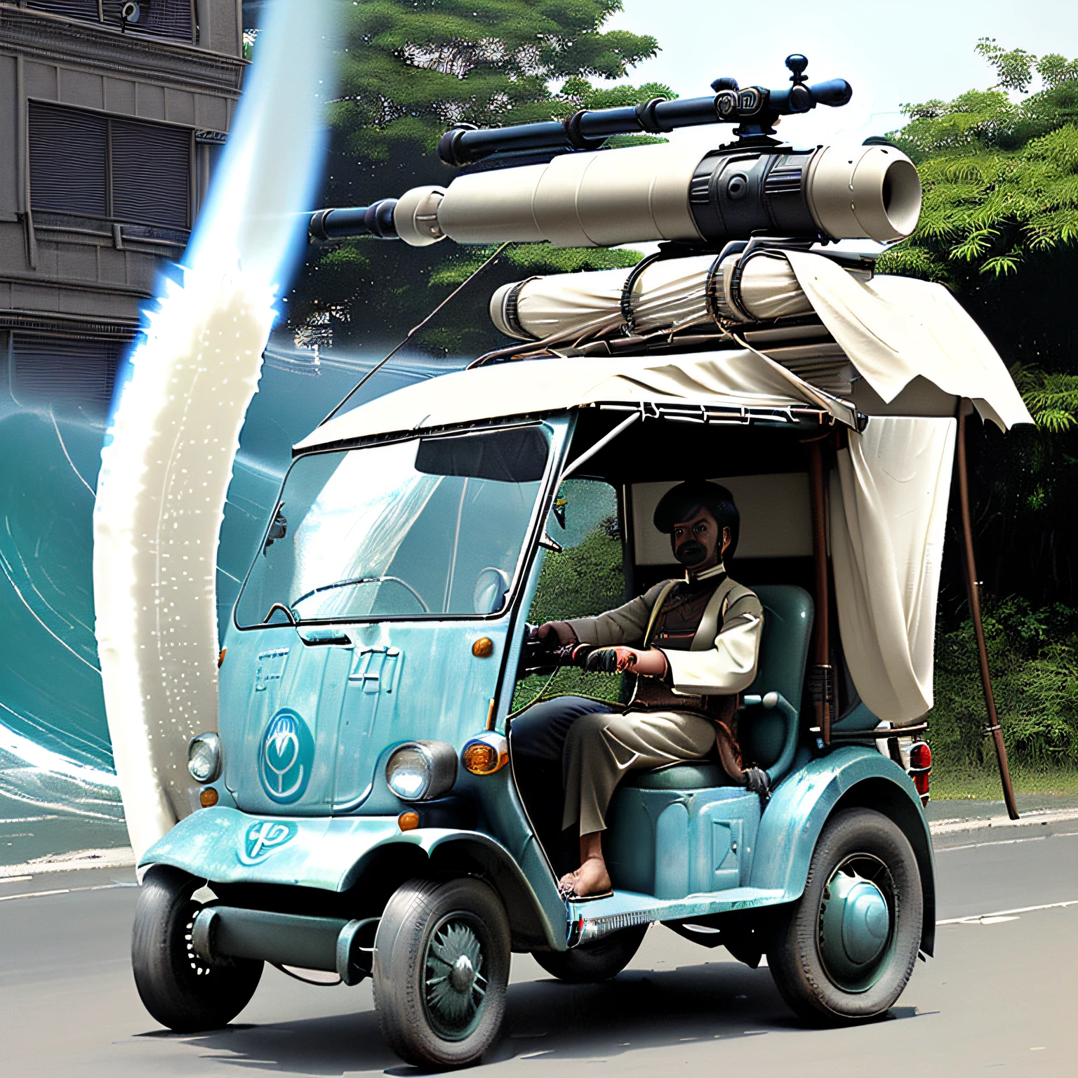 3-wheeler、(No roof)、Tuk Tuk、Autorickshaw、((It carried a beam rifle、It was equipped with a wave cannon))、Armored vehicles、polka dot、