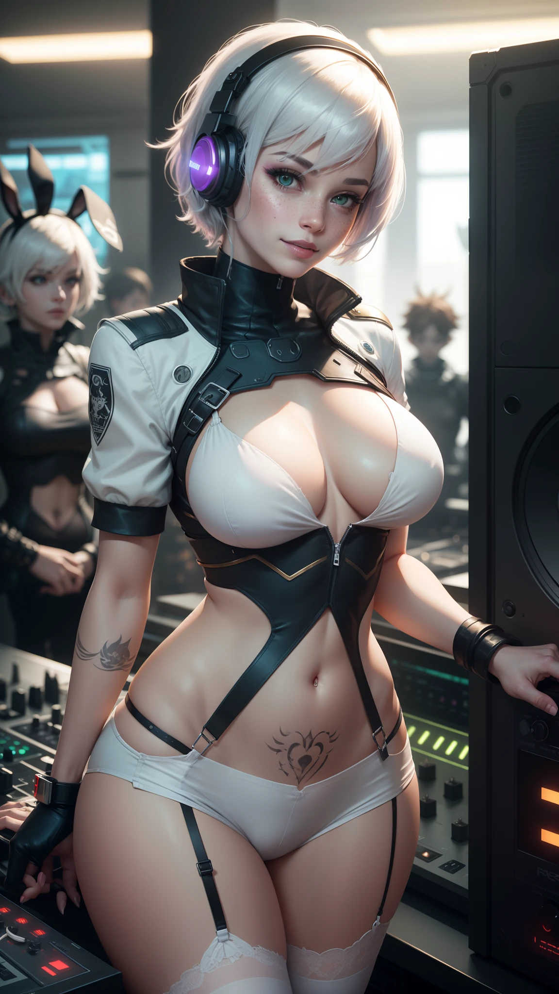gwen tennyson,tracer,y'shtola rhul, yorha 2b,rebecca chambers,nier automata,overwatch,close up,mecha pilot,night club,tattoos,purple and silver plugsuit,white short sleeve top,white lycra micro shorts,garter belt,uncovered belly,short hair,cute makeup,green eyes,dimensional golden hair,sexy smile,freckles,beautiful girl,large breasts,8k,ultra detailed,realistic,fantasy art,glowing purple cyborg armor,dj mixer, dj headphones,big speakers,bunny suit, bunny tail,ear piercings,saiyan girl,saiyan female,white short sleeve techno jacket,