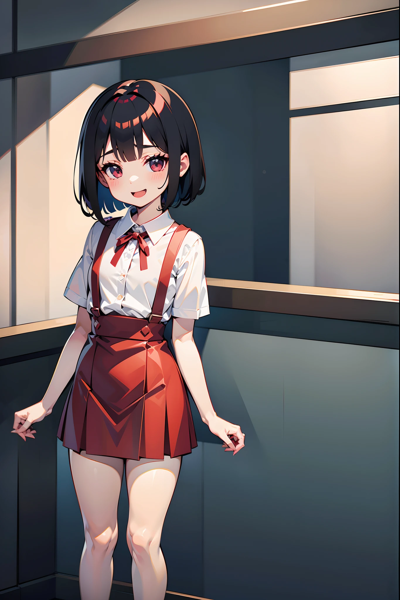 1girl, hanako-san, dress shirt, short sleeve, red suspender skirt, blush, :D, bob cut, black hair,