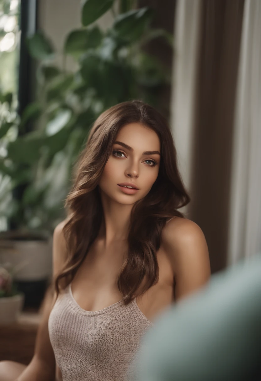arafed woman with matching tank top and panties, sexy girl with brown eyes, portrait sophie mudd, brown hair and large eyes, selfie of a young woman, bedroom eyes, violet myers, without makeup, natural makeup, looking directly at the camera, face with artgram, subtle makeup, stunning full body shot, cleavage, sitting at the dinner table