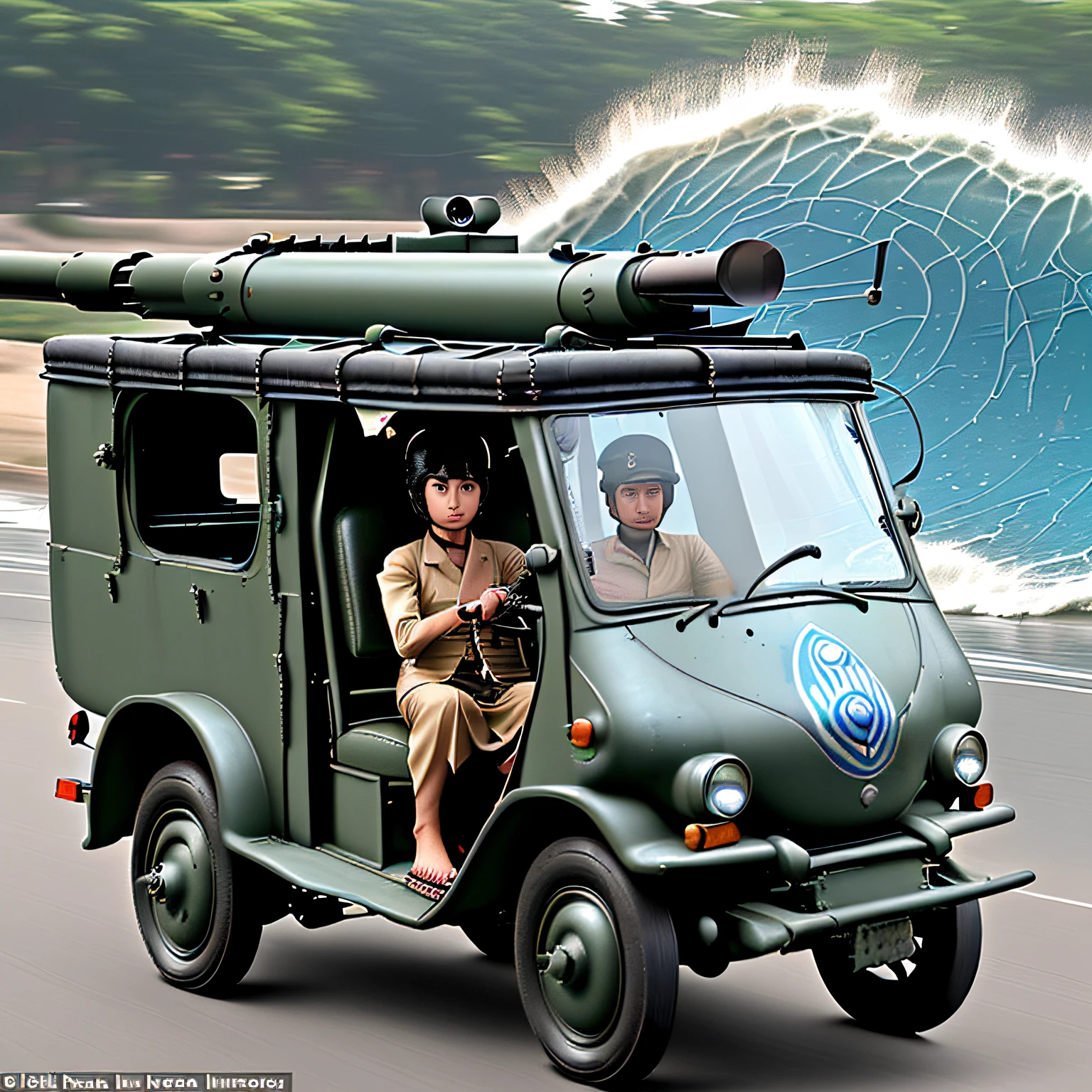 3-wheeler、(No roof)、Tuk Tuk、Autorickshaw、((It was equipped with a 65mm gun、It was equipped with a wave cannon))、Armored vehicles、POP Appearances、