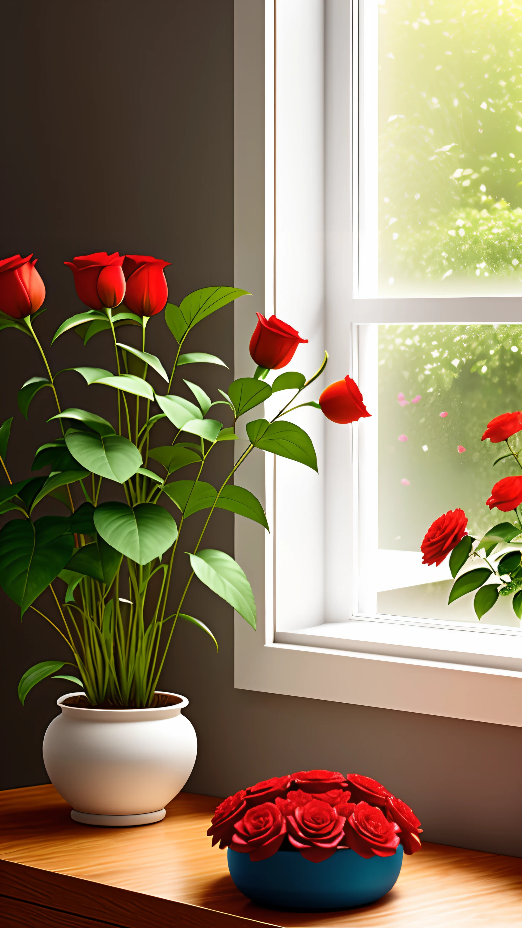 Clay pot, colorful roses, by the window, sunlight coming in, blank background, lots of details, high quality, 8k,