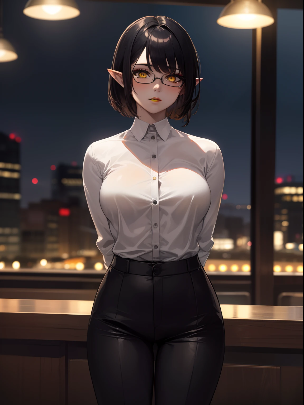 highres, masterpiece, perfect ligthing, bloom, cinematic lighting, adult, perfect skin, female,1girl,solo,black hair,half buzzcut,yellow eyes,pointy ears,makeup, black lipstick ,mature woman, bar,standing,arms behind back,night, glasses, suit,pants,cowboy shot,wind hips